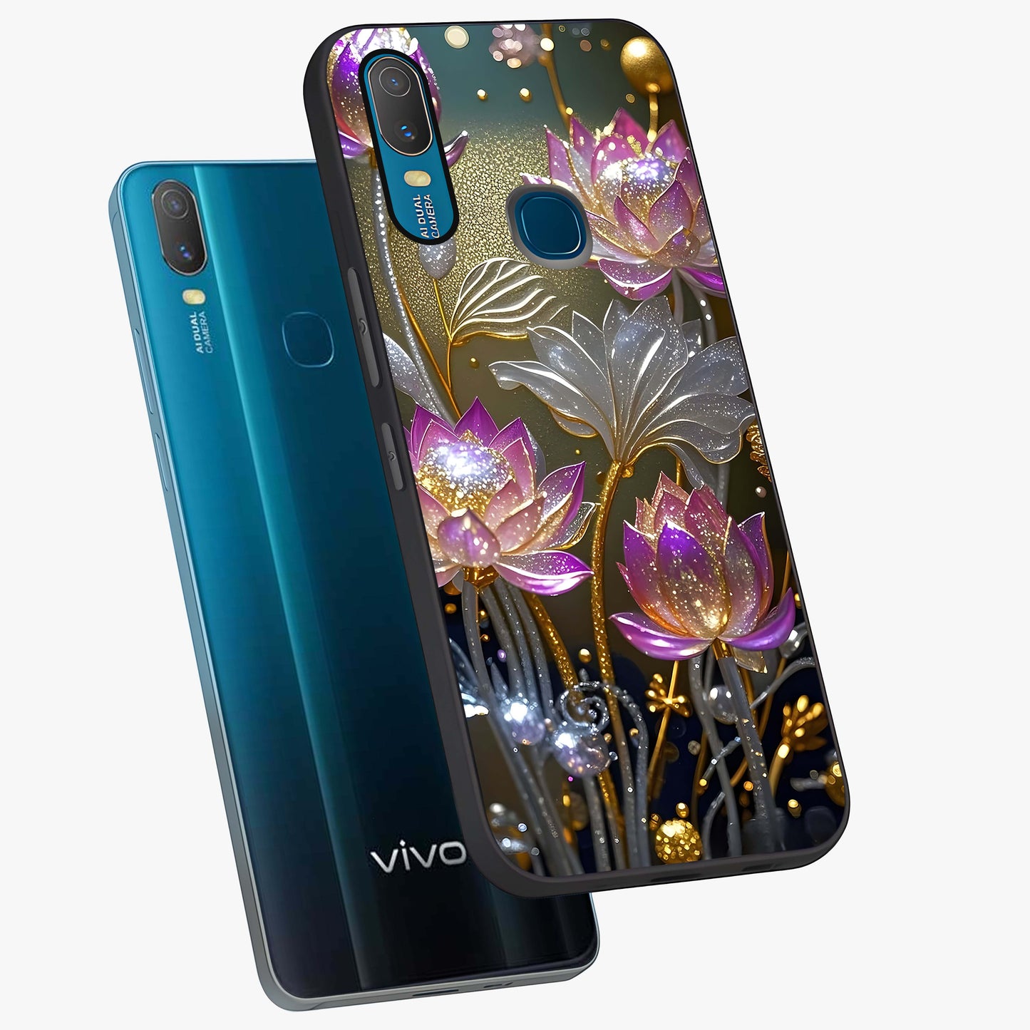 Golden Floral Majesty Glass Case displayed in angled mockup highlighting elegant flower design with royal golden aesthetic.