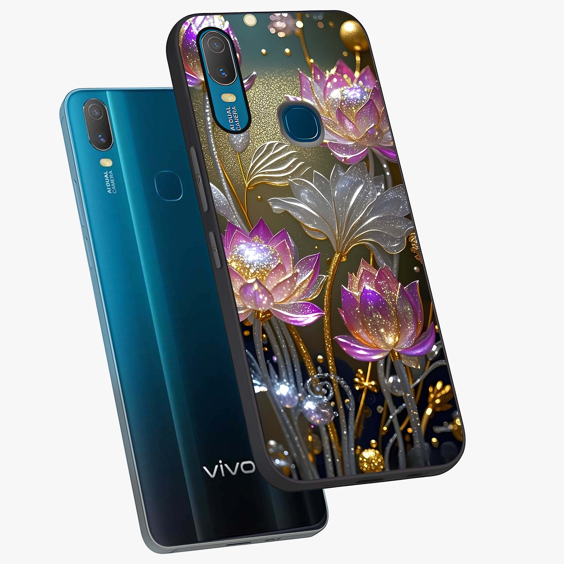 Golden Floral Majesty Glass Case displayed in angled mockup highlighting elegant flower design with royal golden aesthetic.