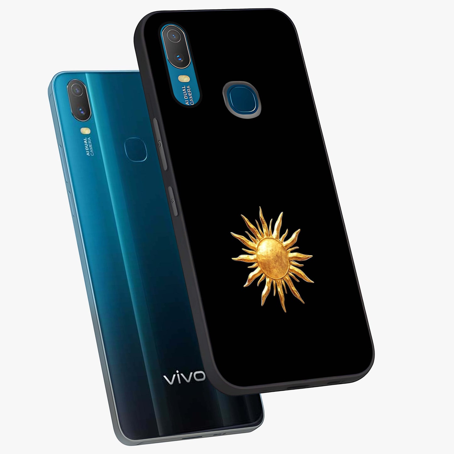 Golden Sun Minimalism Glass Case displayed in angled mockup highlighting eerie shadow illustration with gothic aesthetic.