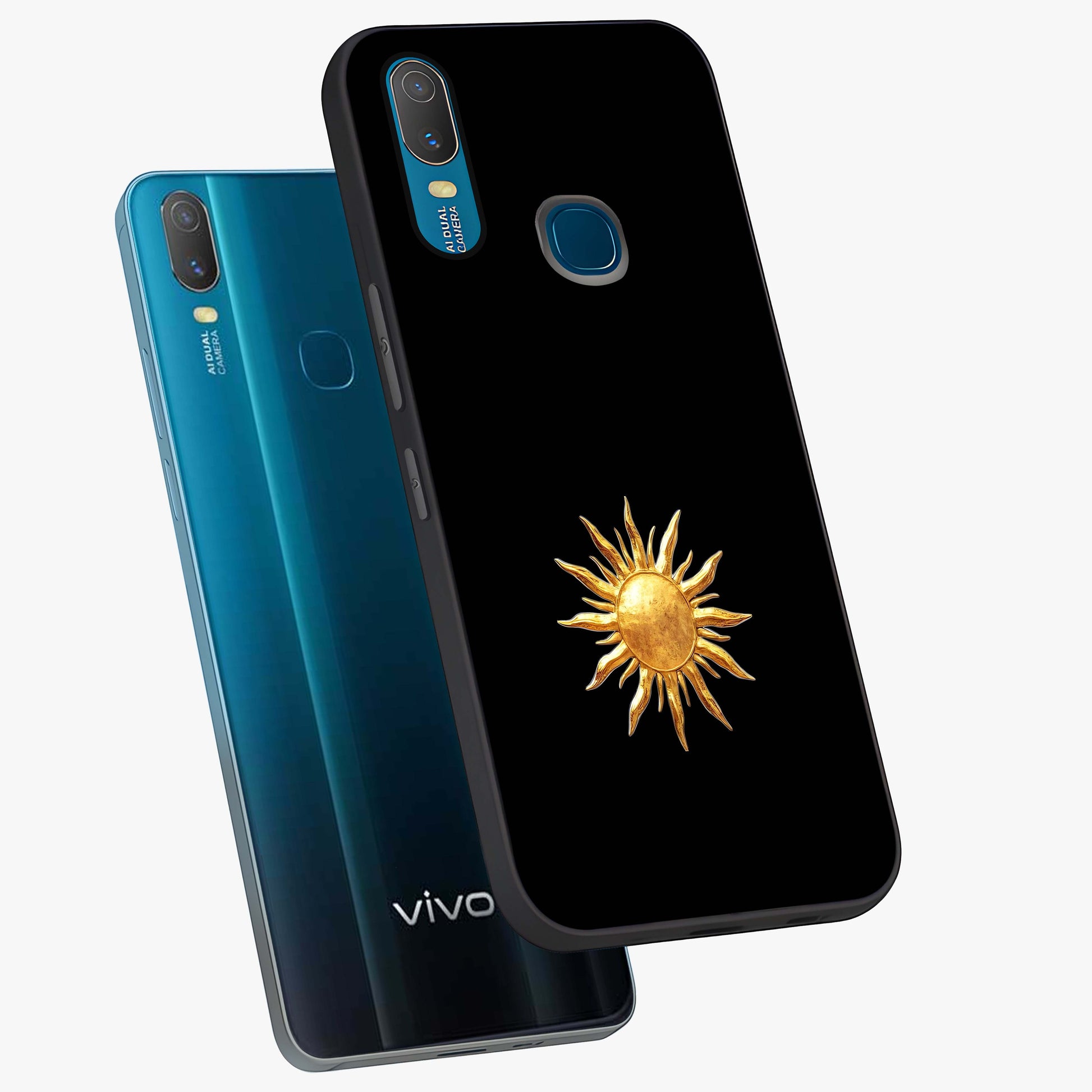 Golden Sun Minimalism Glass Case displayed in angled mockup highlighting eerie shadow illustration with gothic aesthetic.