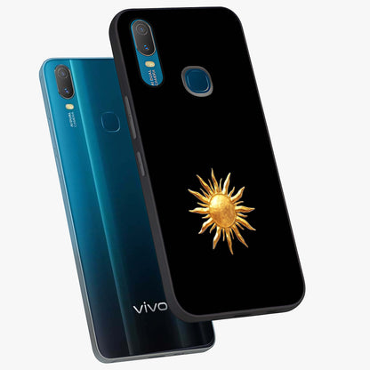 Golden Sun Minimalism Glass Case displayed in angled mockup highlighting eerie shadow illustration with gothic aesthetic.