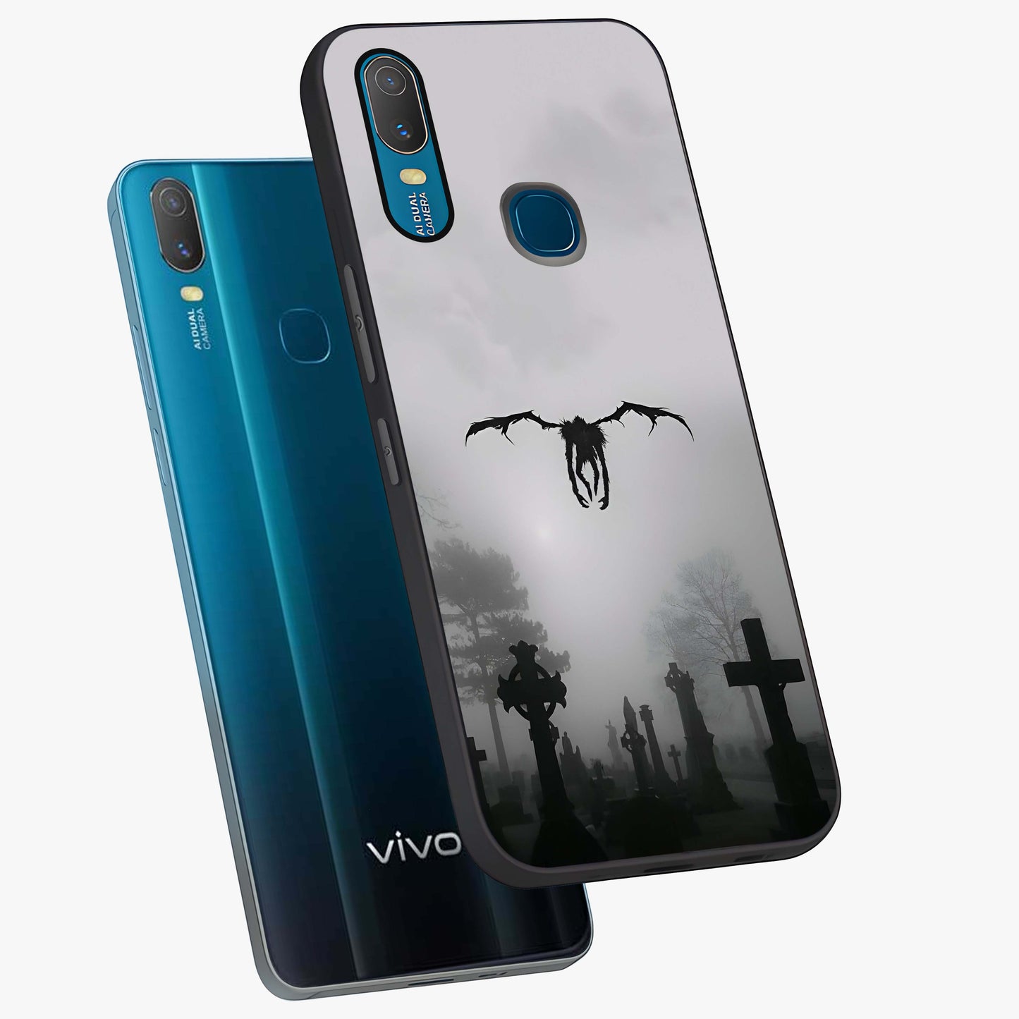 Graveyard Shadow Descent Glass Case displayed in angled mockup highlighting eerie shadow illustration with gothic aesthetic.
