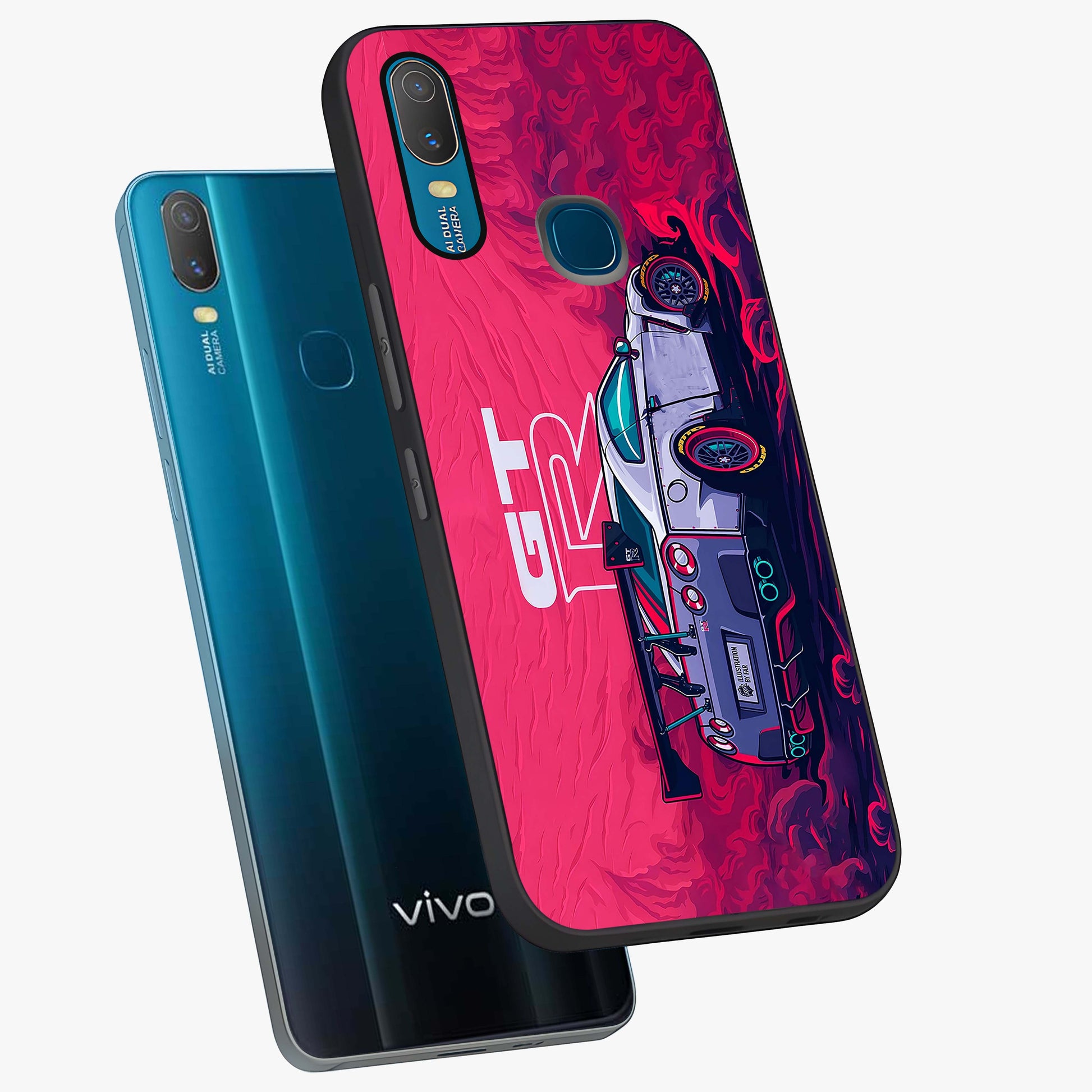 GT-R Car Pattern Glass Case displayed in angled mockup highlighting racing car graphic design with bold automotive aesthetic.