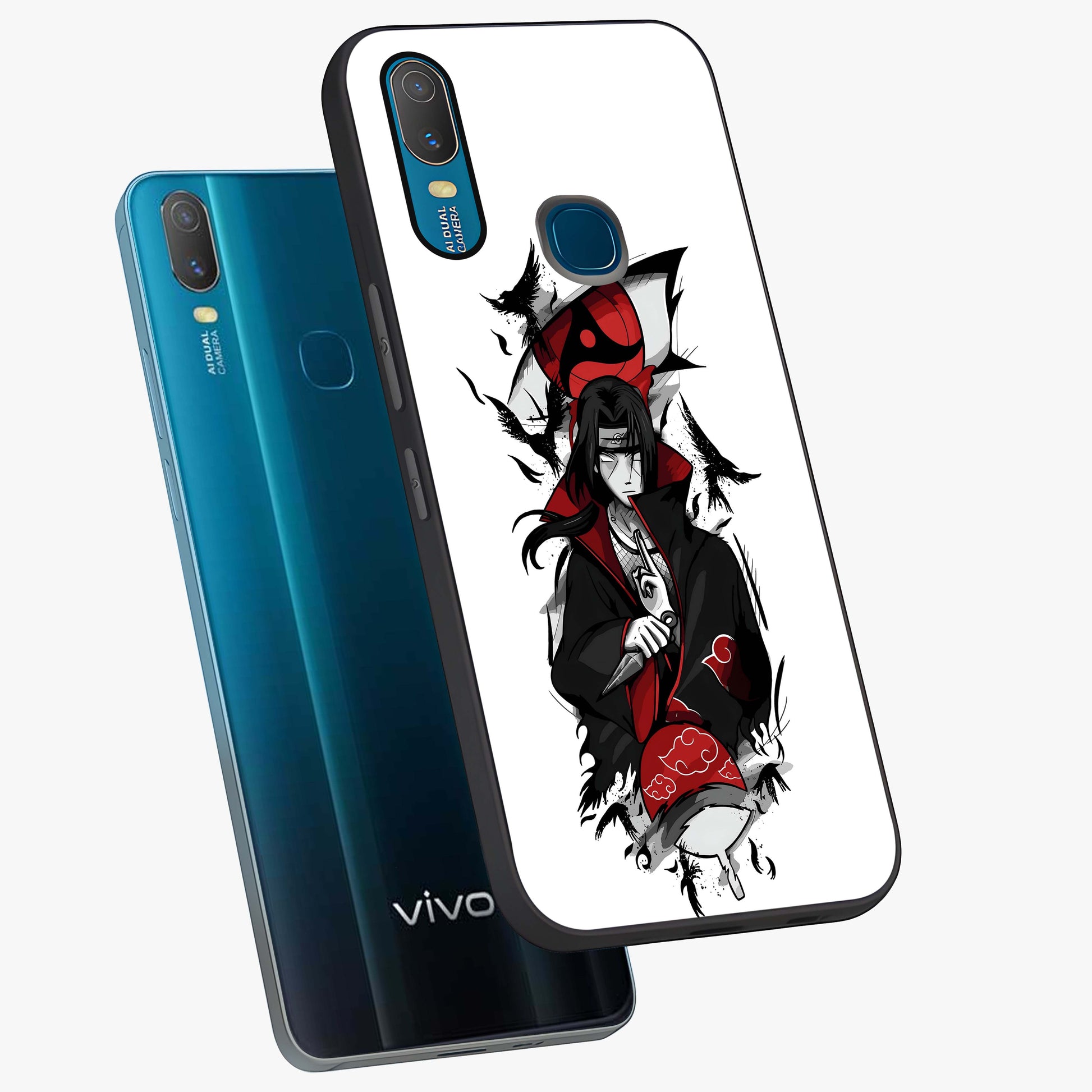 Itachi Limited Edition Naruto Anime Glass Case displayed in angled mockup highlighting dramatic anime illustration with bold action aesthetic.