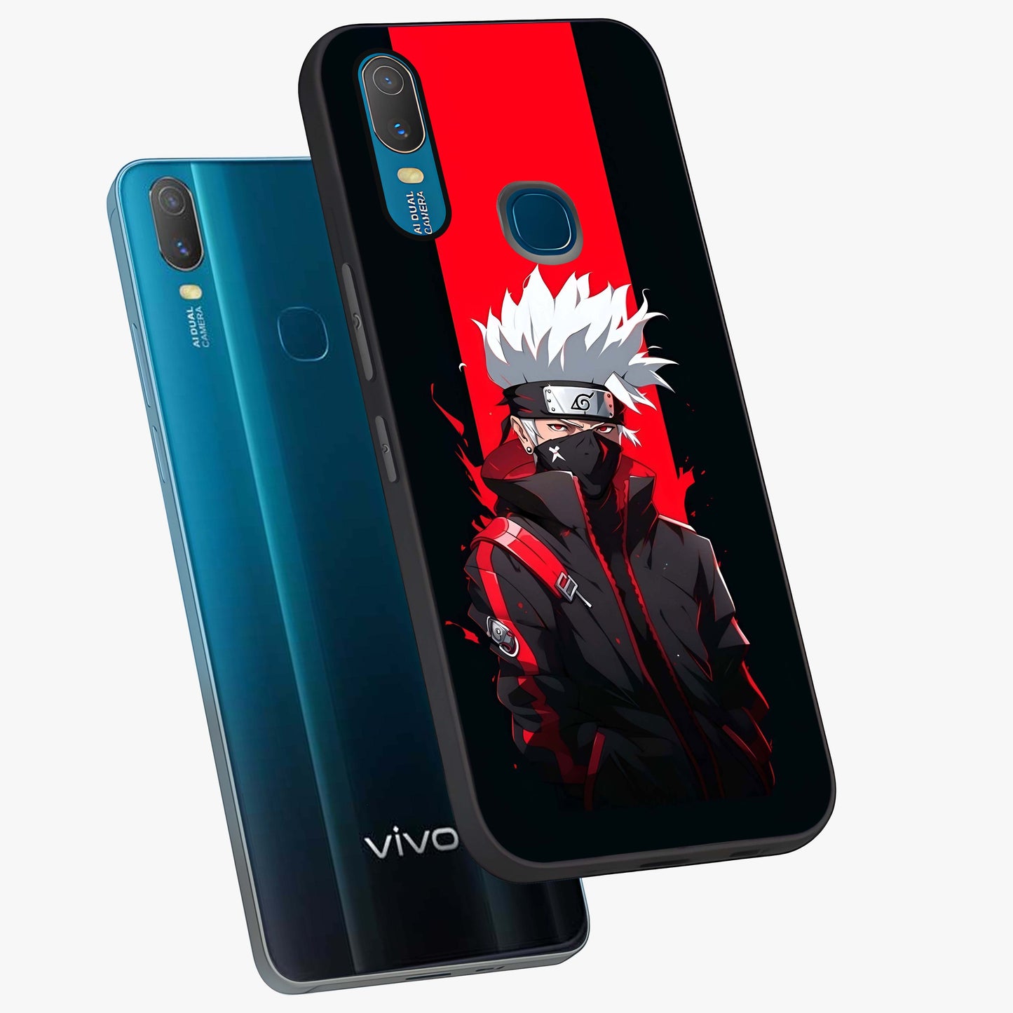 Kakashi Scarlet Shadow Glass Case displayed in angled mockup highlighting dramatic ninja illustration with scarlet themed aesthetic.
