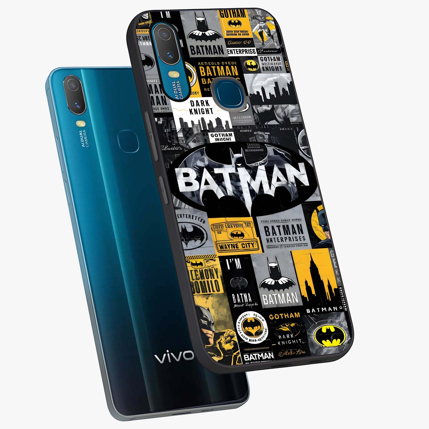 Knight Gotham Rise Glass Case displayed in angled mockup highlighting powerful knight silhouette design with dramatic aesthetic.