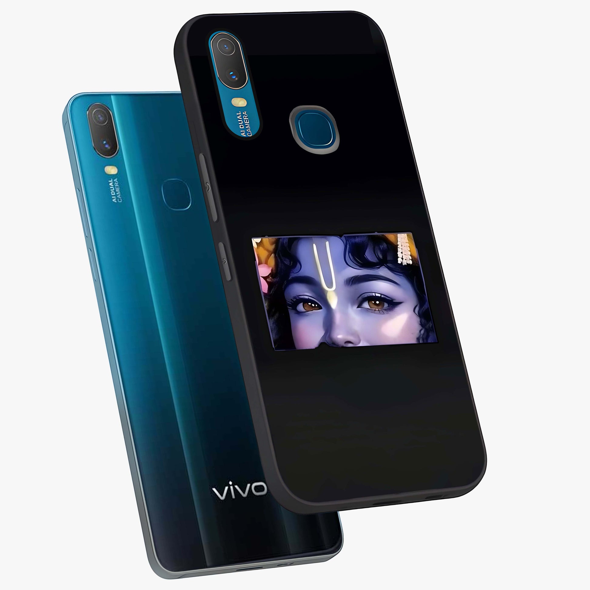 Krishna Divine Embrace Glass Case displayed in angled mockup highlighting divine Krishna illustration with spiritual aesthetic.