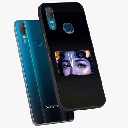 Krishna Divine Embrace Glass Case displayed in angled mockup highlighting divine Krishna illustration with spiritual aesthetic.