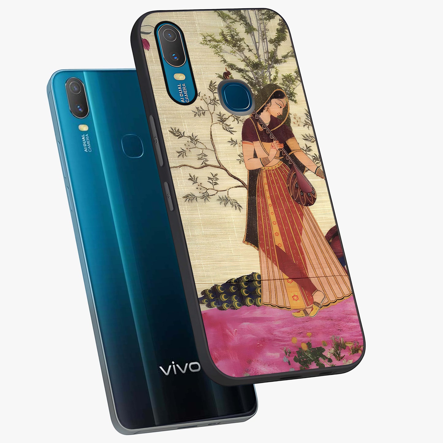 Lady With Veena Art Glass Case displayed in angled mockup highlighting graceful musical illustration with cultural artistic aesthetic.