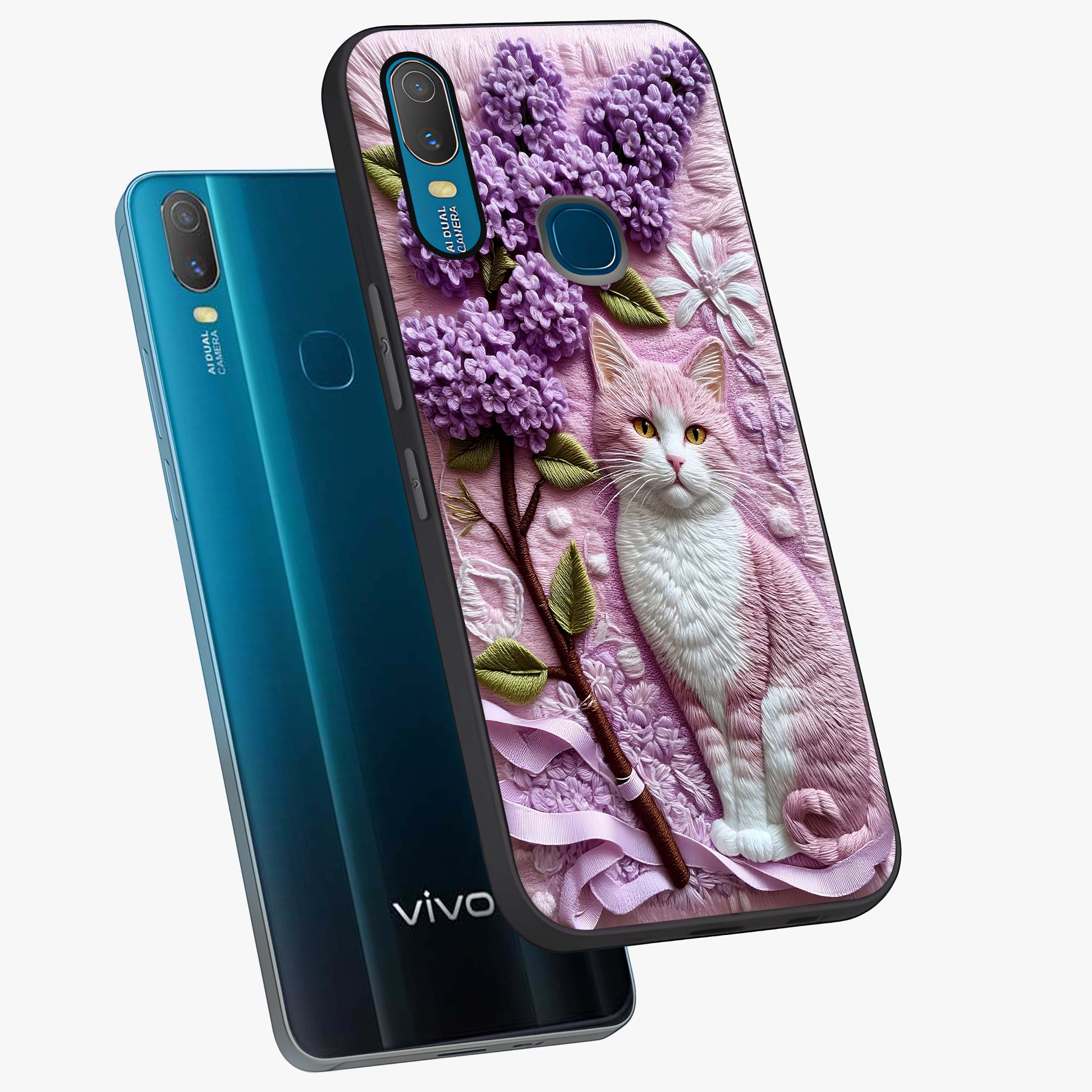 Lavender Cat Whimsy Glass Case displayed in angled mockup highlighting playful feline illustration with pastel lavender aesthetic.