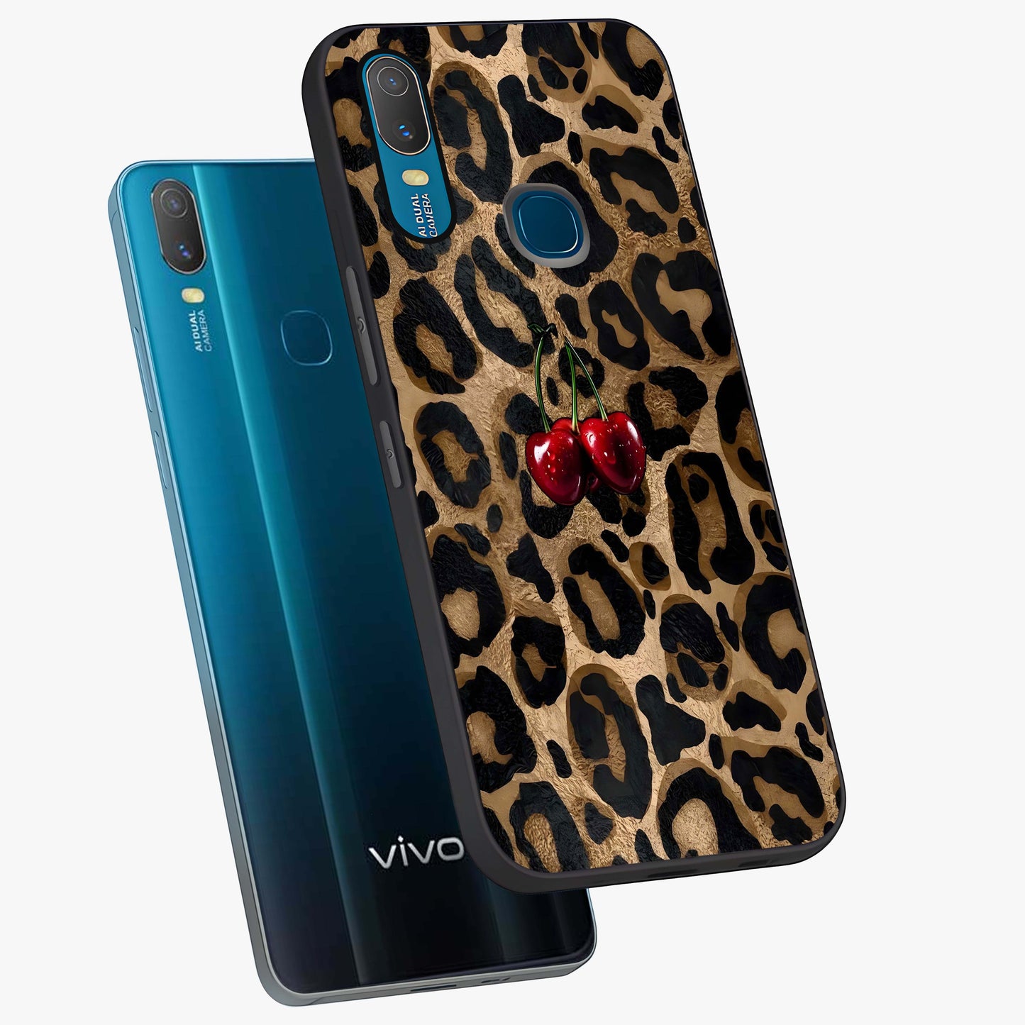 Leopard Wild Cherry Glass Case displayed in angled mockup highlighting bold animal print design with playful cherry aesthetic.
