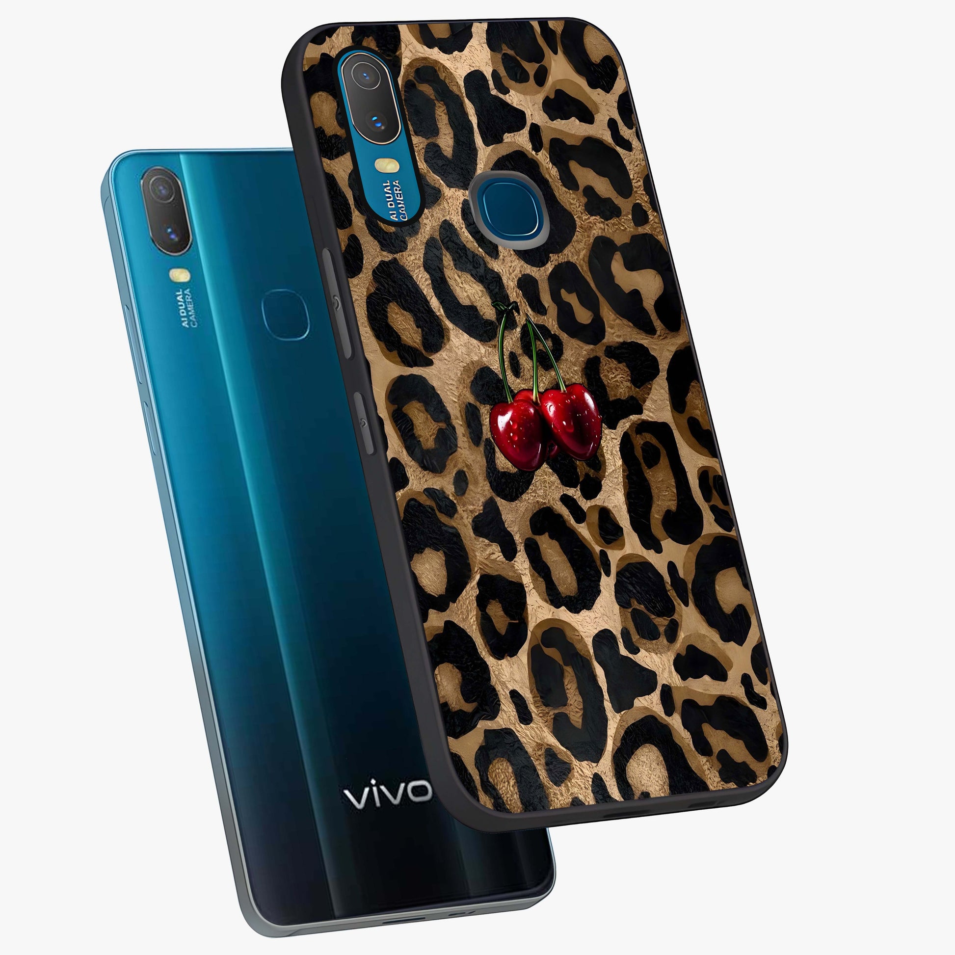 Leopard Wild Cherry Glass Case displayed in angled mockup highlighting bold animal print design with playful cherry aesthetic.