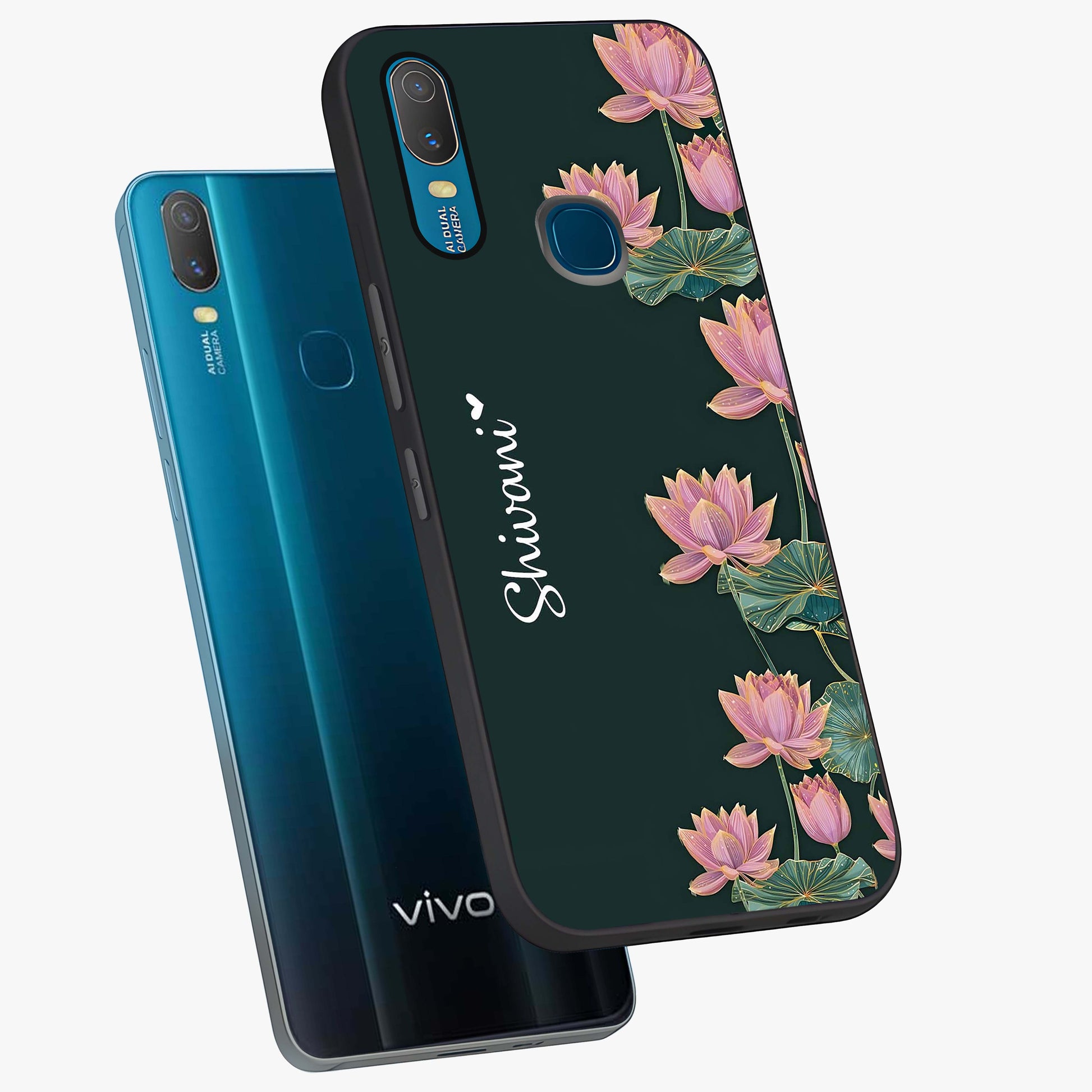 Lotus Bloom Serenity Custom Name Glass Case displayed in angled mockup highlighting graceful lotus illustration with custom name feature.