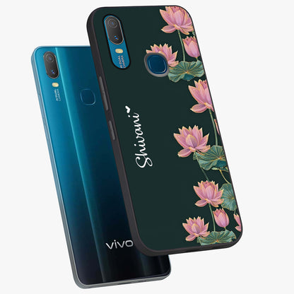Lotus Bloom Serenity Custom Name Glass Case displayed in angled mockup highlighting graceful lotus illustration with custom name feature.