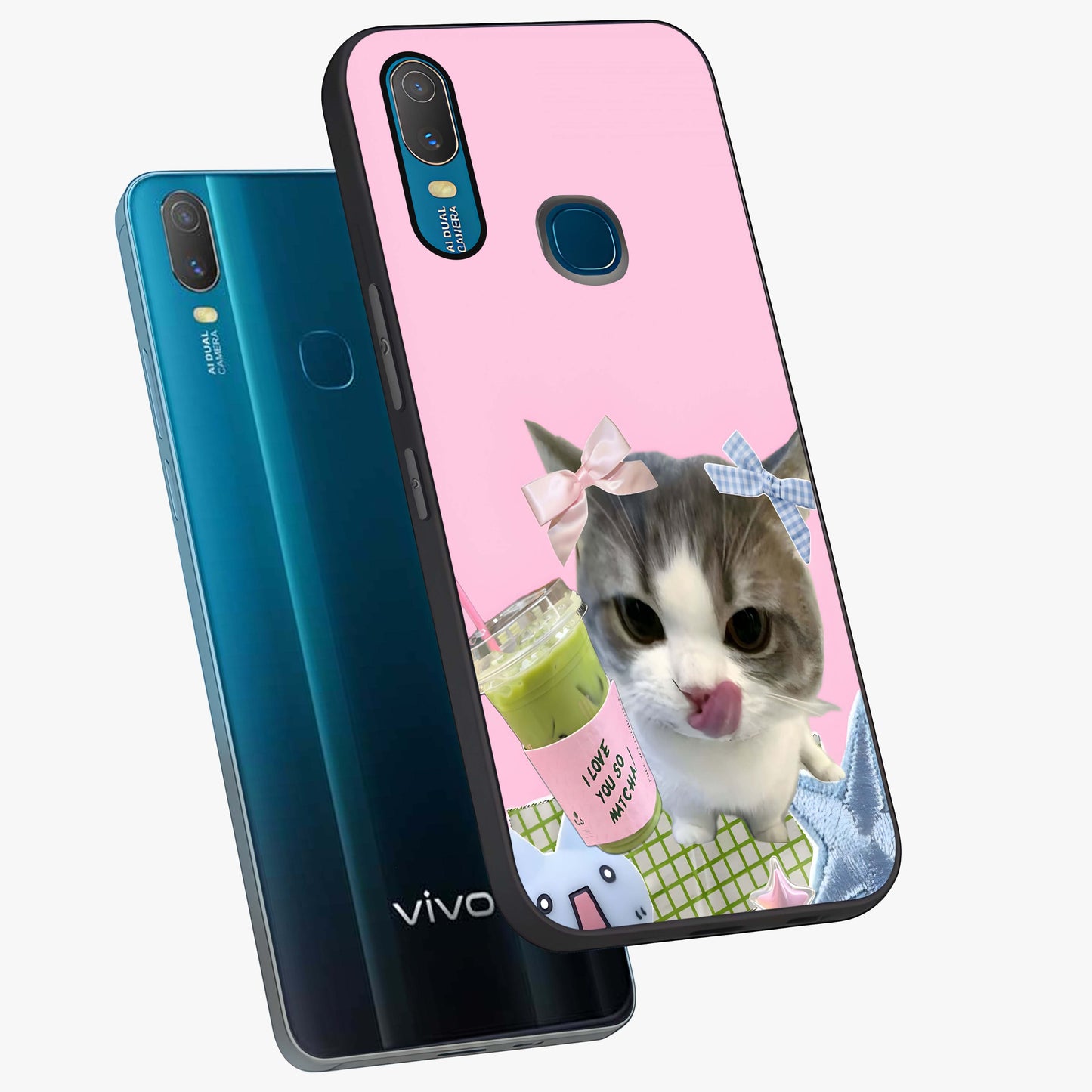 Love Matcha Cat Glass Case displayed in angled mockup highlighting playful feline illustration with cozy matcha aesthetic.