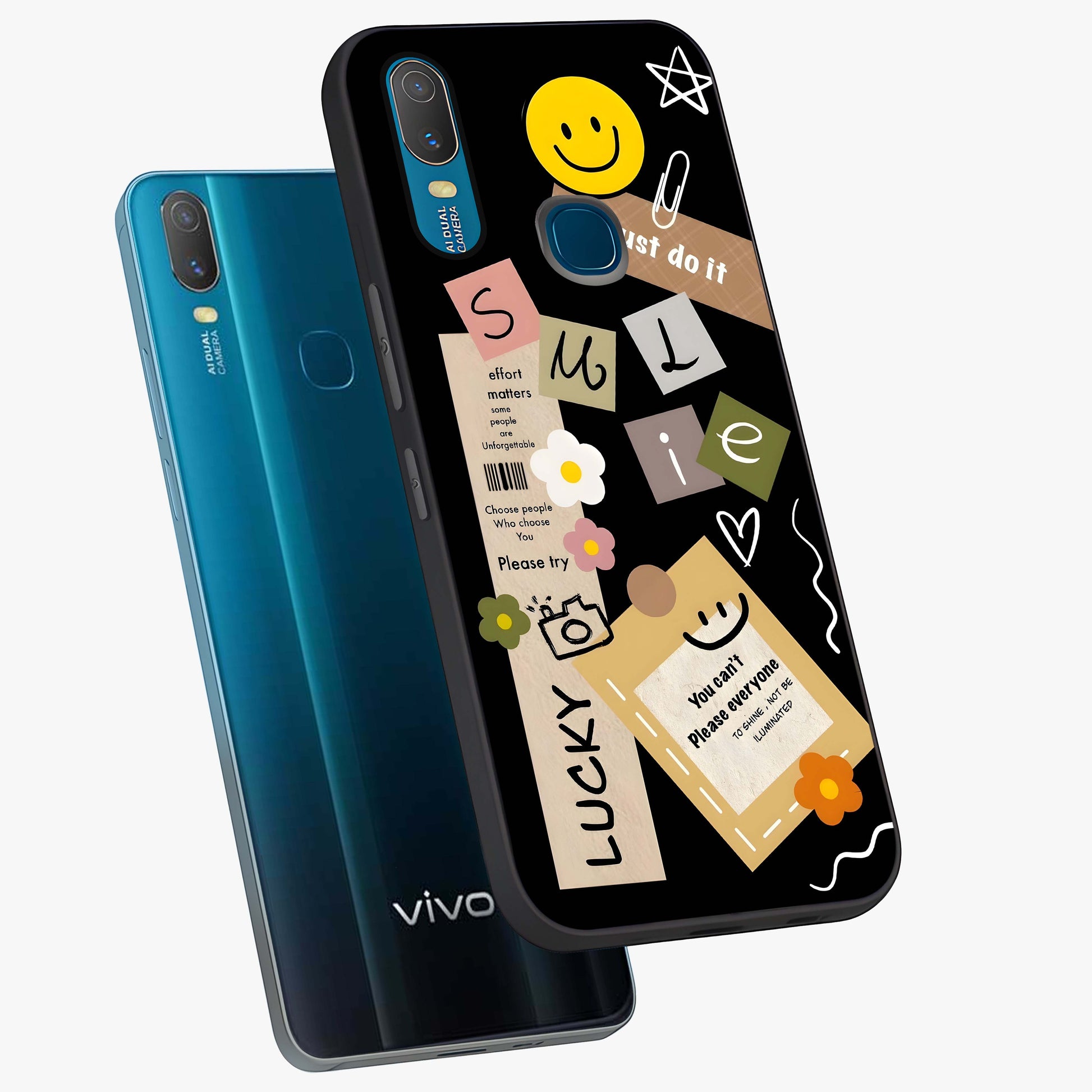 Lucky Aesthetic Collage Glass Case displayed in angled mockup highlighting stylish collage pattern with modern aesthetic vibe.