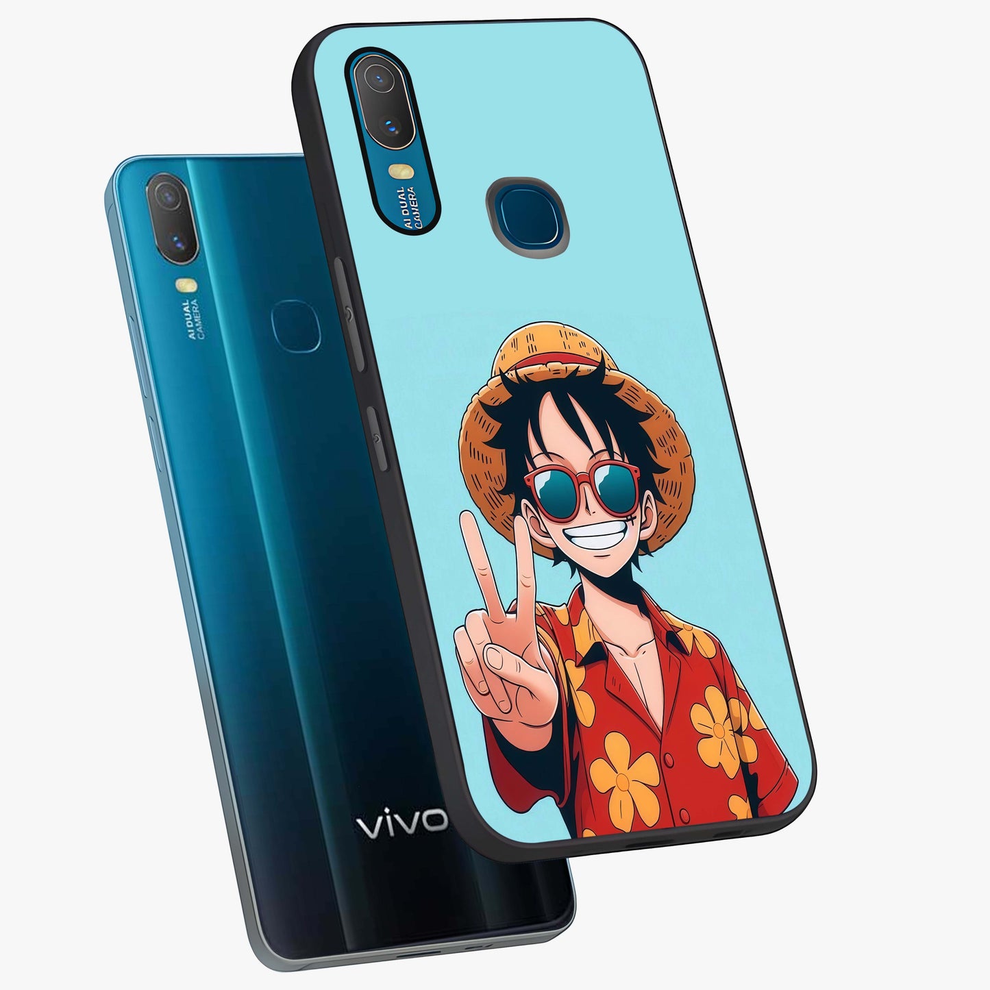 Luffy Summer Anime Vibe Glass Case displayed in angled mockup highlighting energetic anime illustration with summer vibe aesthetic.