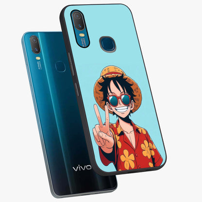 Luffy Summer Anime Vibe Glass Case displayed in angled mockup highlighting energetic anime illustration with summer vibe aesthetic.