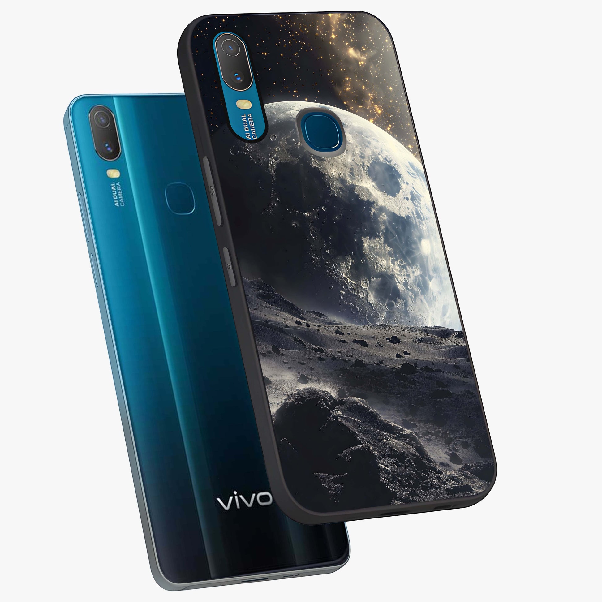 Lunar Horizon Glow Glass Case displayed in angled mockup highlighting celestial moon design with dreamy night aesthetic.