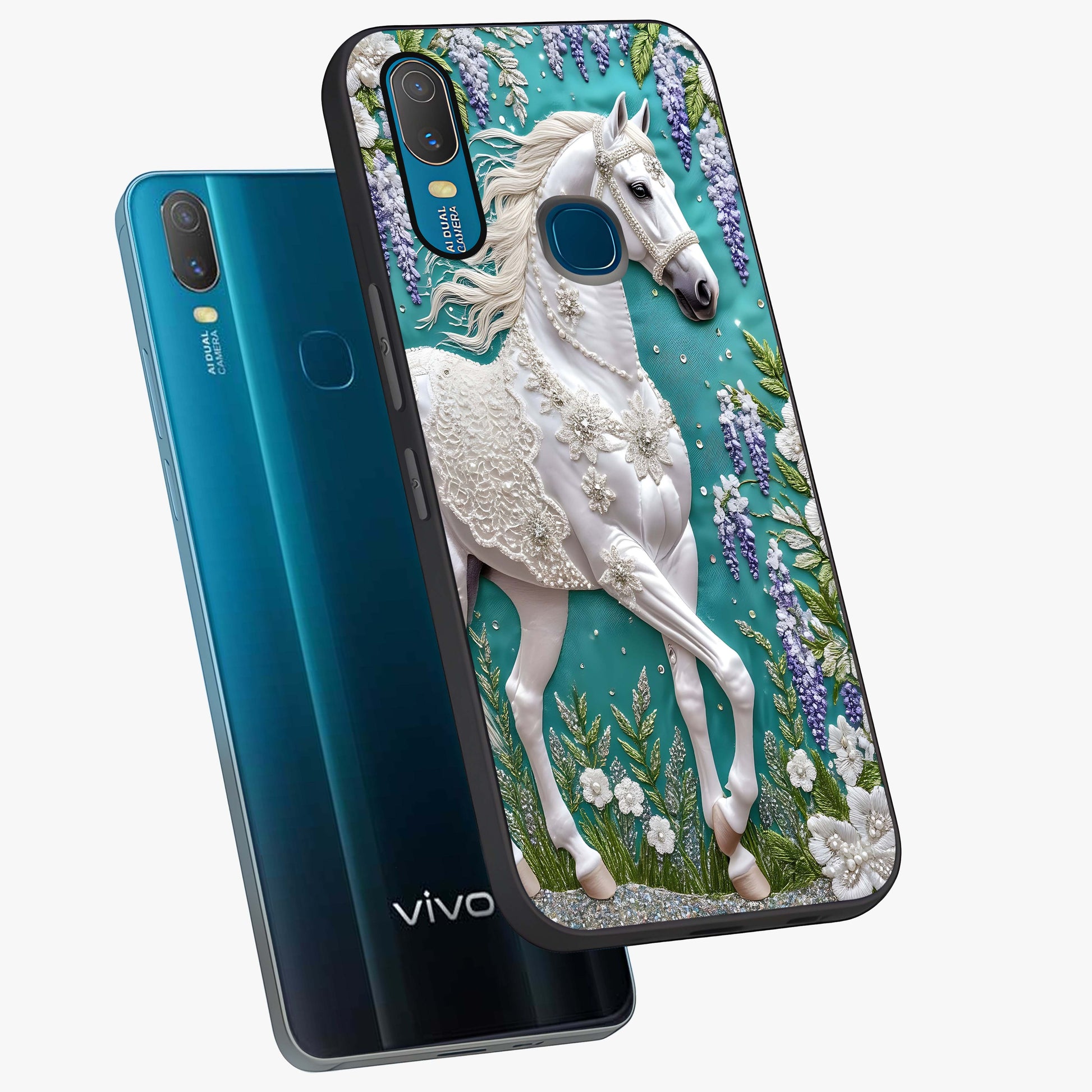 Majestic Floral Stallion Glass Case displayed in angled mockup highlighting majestic stallion illustration with elegant floral aesthetic.