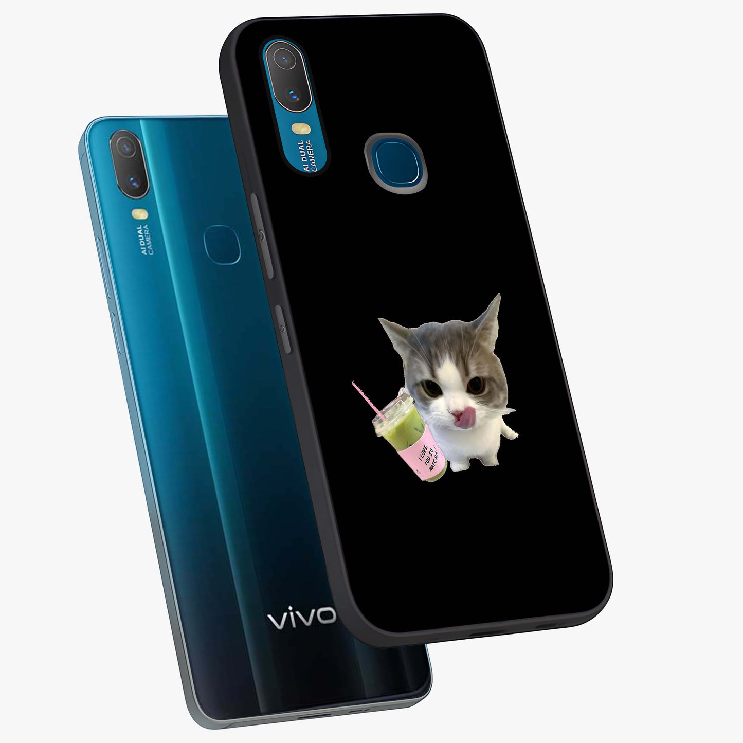 Matcha Cat Style Glass Case displayed in angled mockup highlighting playful feline design with pastel matcha aesthetic.