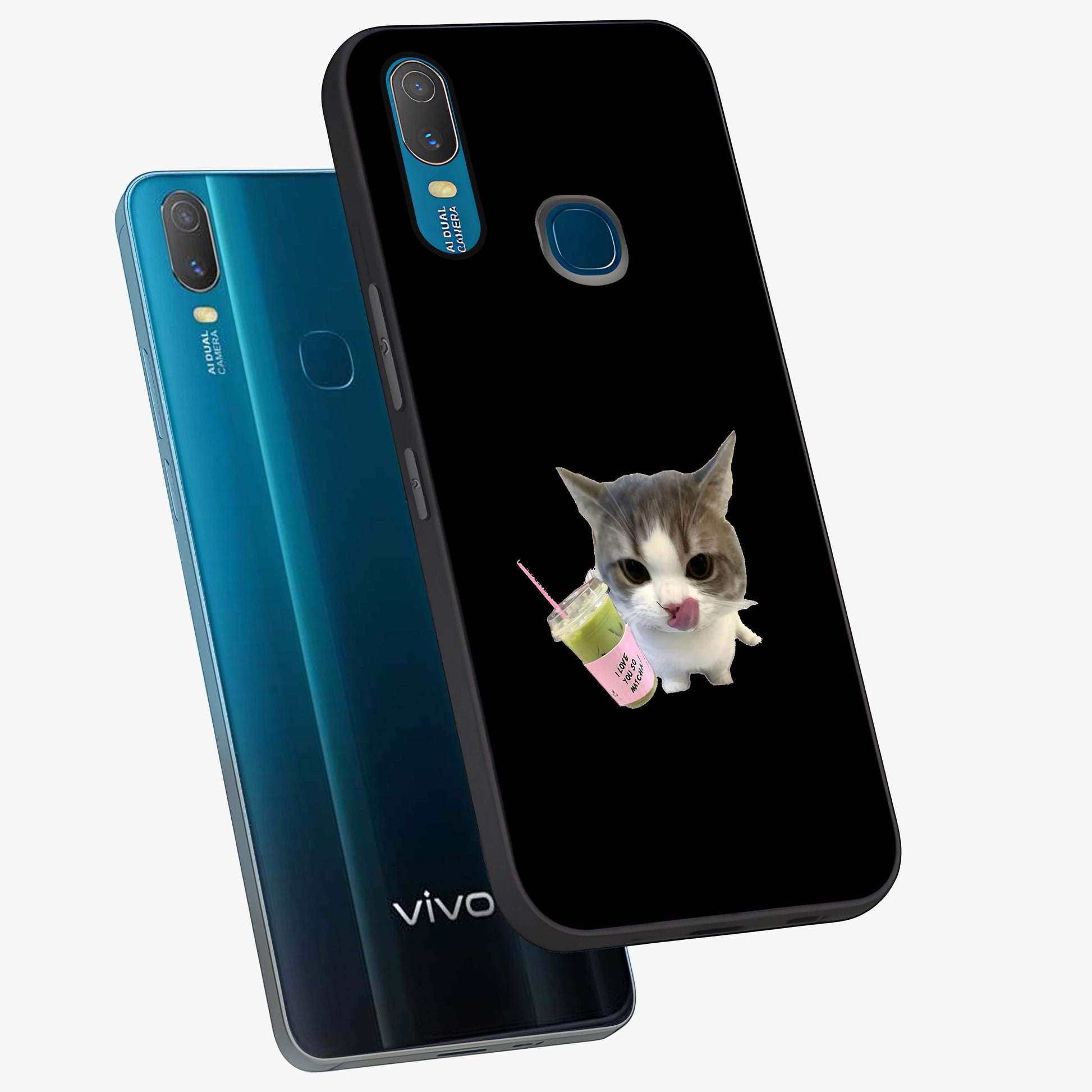 Matcha Cat Style Glass Case displayed in angled mockup highlighting playful feline design with pastel matcha aesthetic.