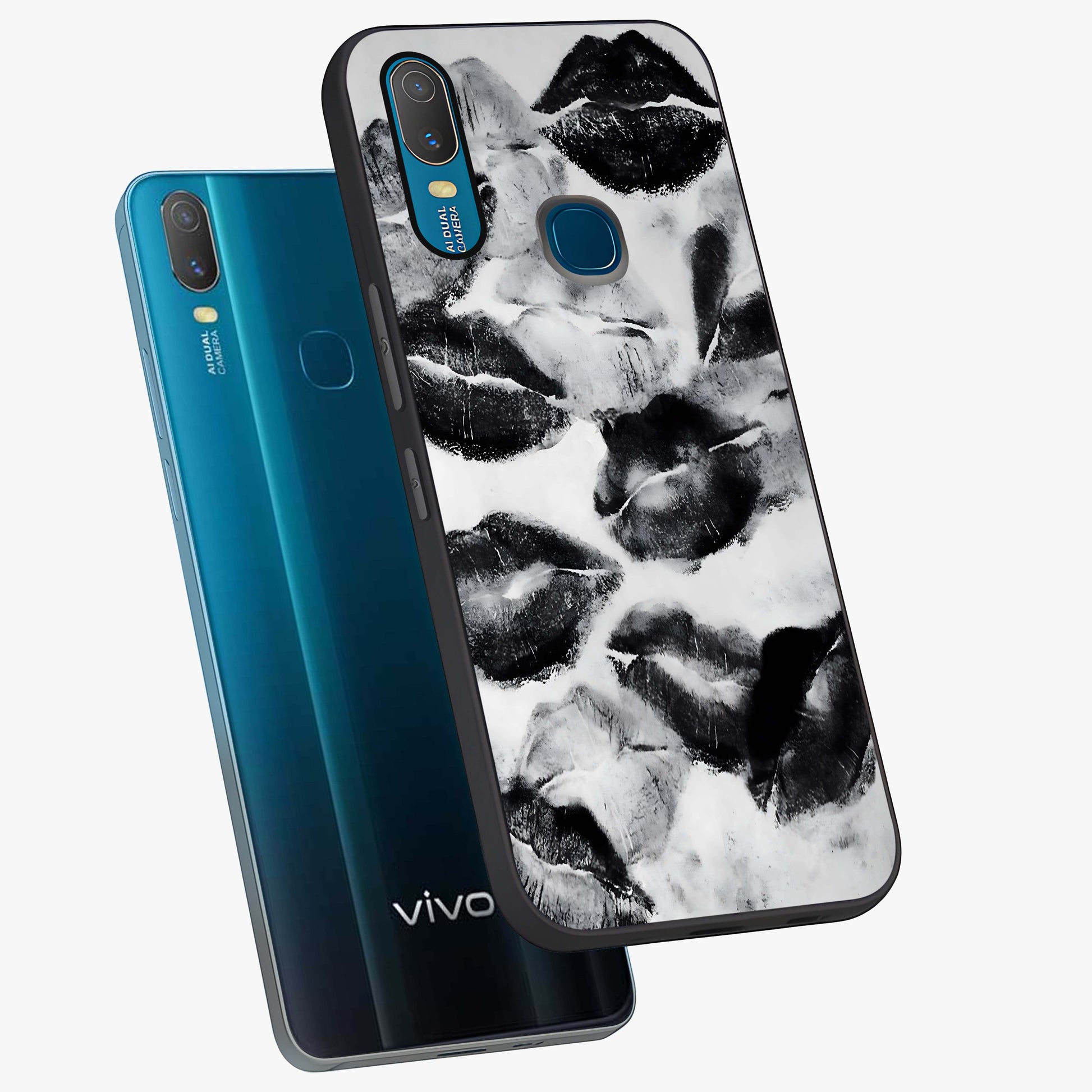 Midnight Kiss Marks Glass Case displayed in angled mockup highlighting playful romantic design with bold midnight aesthetic.