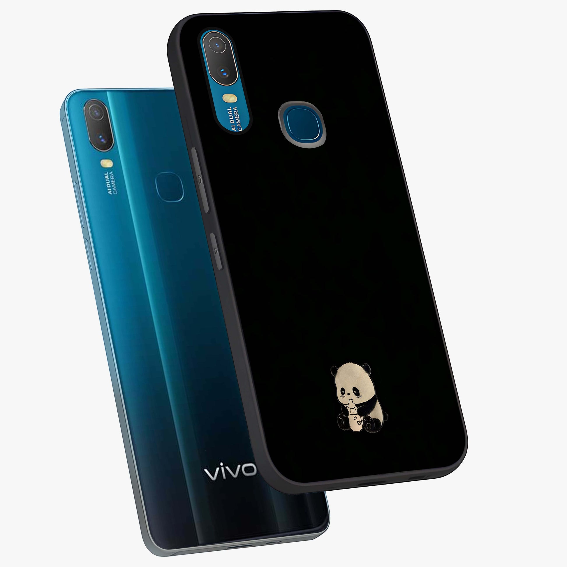 Midnight Panda Love Glass Case displayed in angled mockup highlighting adorable panda illustration with midnight aesthetic.