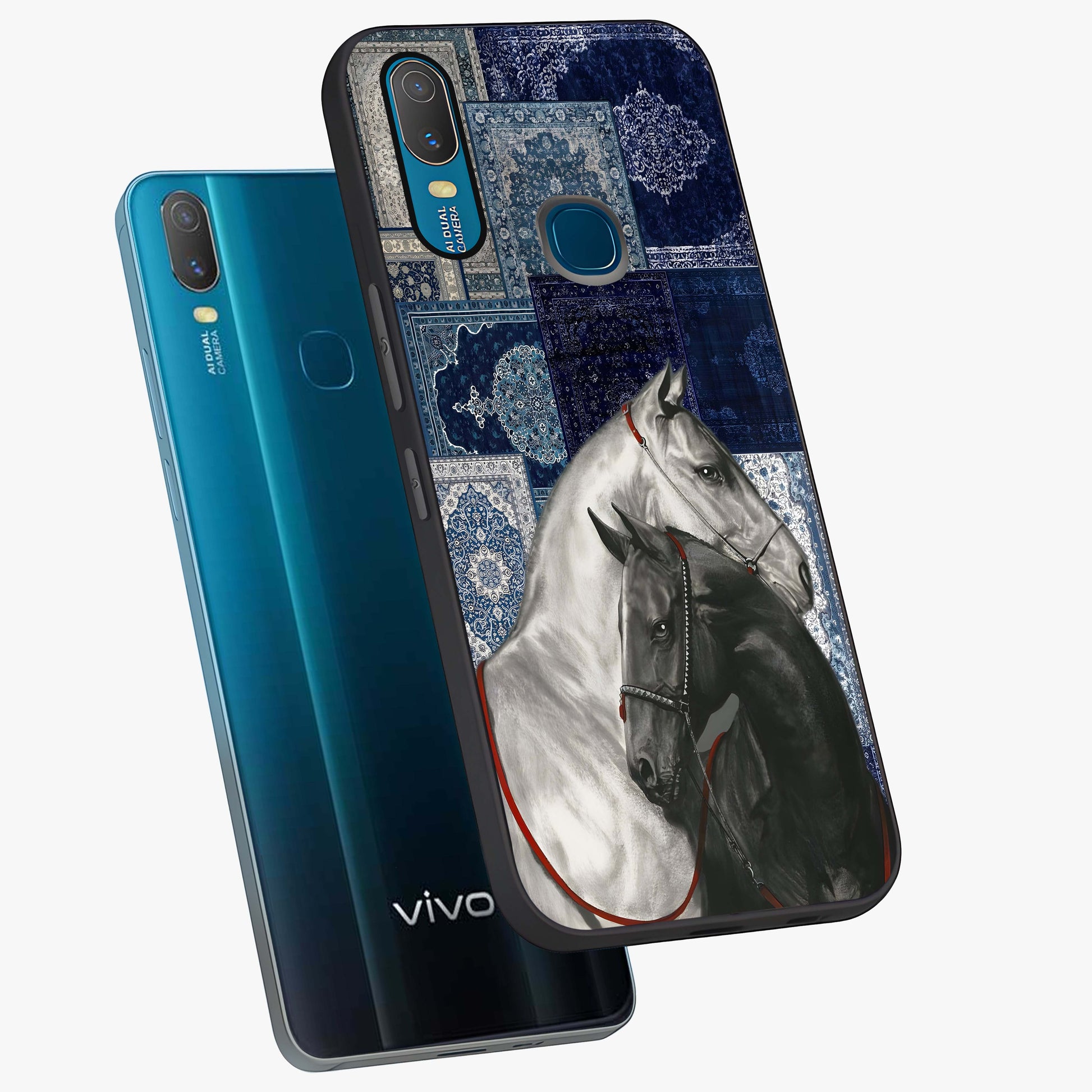 Midnight Stallion Blues Glass Case displayed in angled mockup highlighting powerful stallion illustration with deep midnight tones.