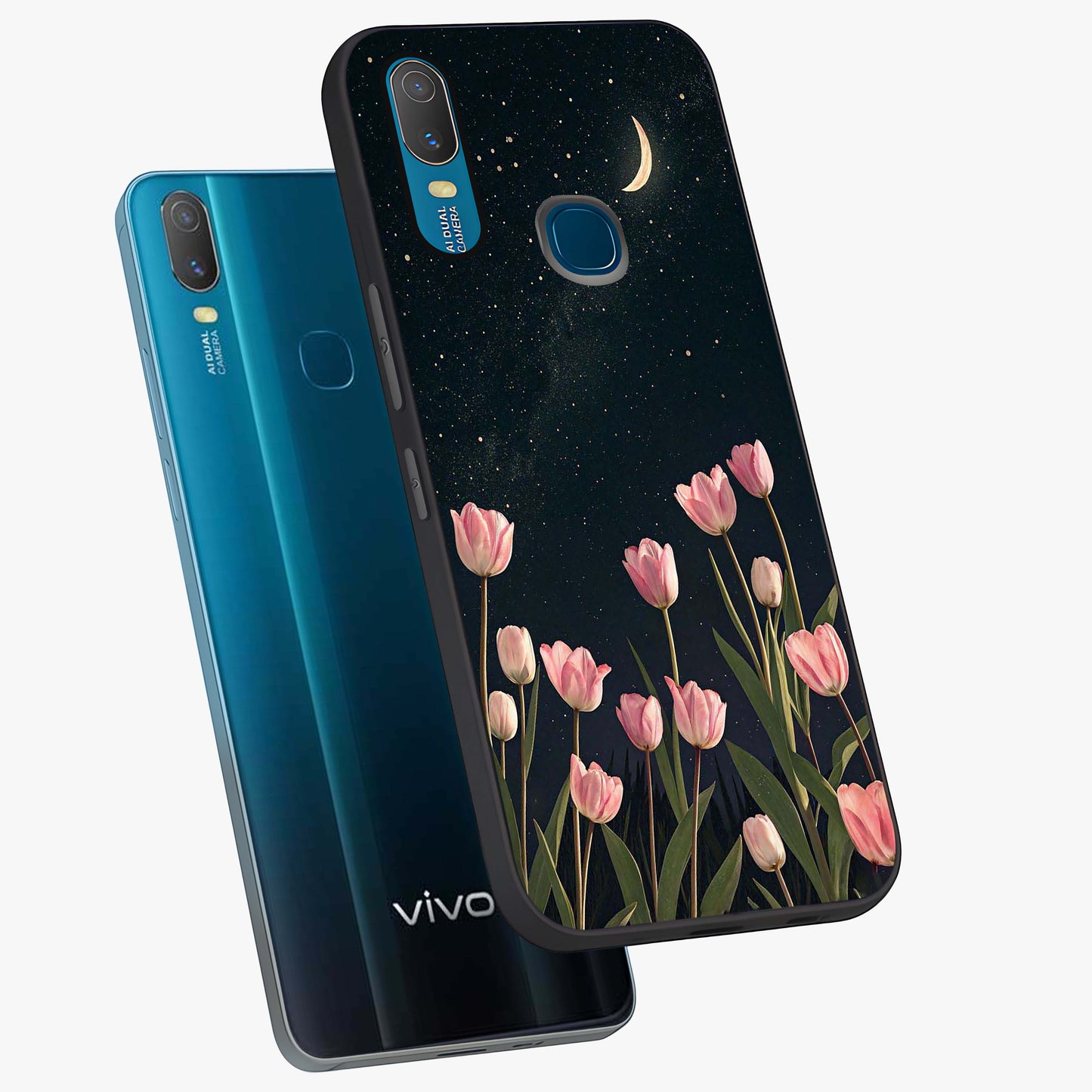 Midnight Tulip Whispers Vibe Glass Case displayed in angled mockup highlighting delicate tulip design with midnight floral aesthetic.