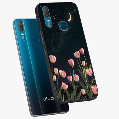 Midnight Tulip Whispers Vibe Glass Case displayed in angled mockup highlighting delicate tulip design with midnight floral aesthetic.