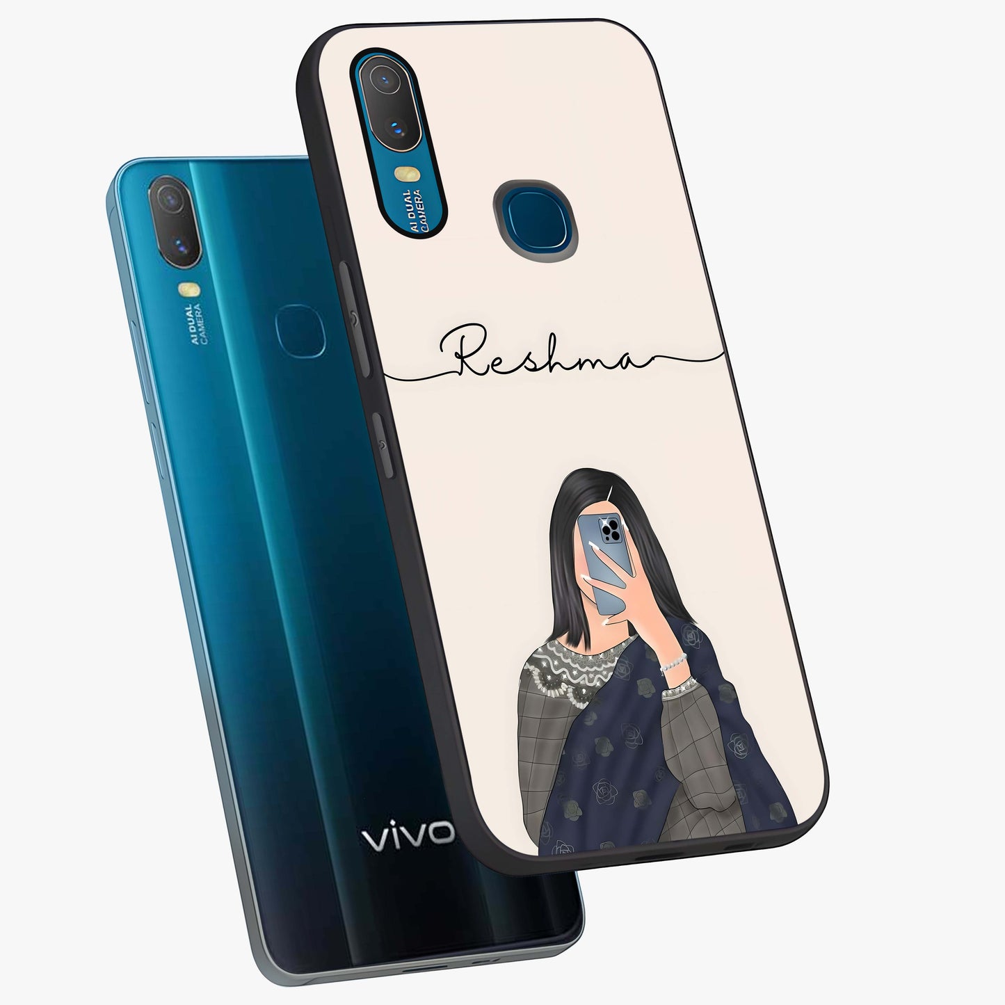 Mirror Mood Muse With Custom Name Glass Case displayed in angled mockup highlighting aesthetic mirror inspired design with custom name feature.