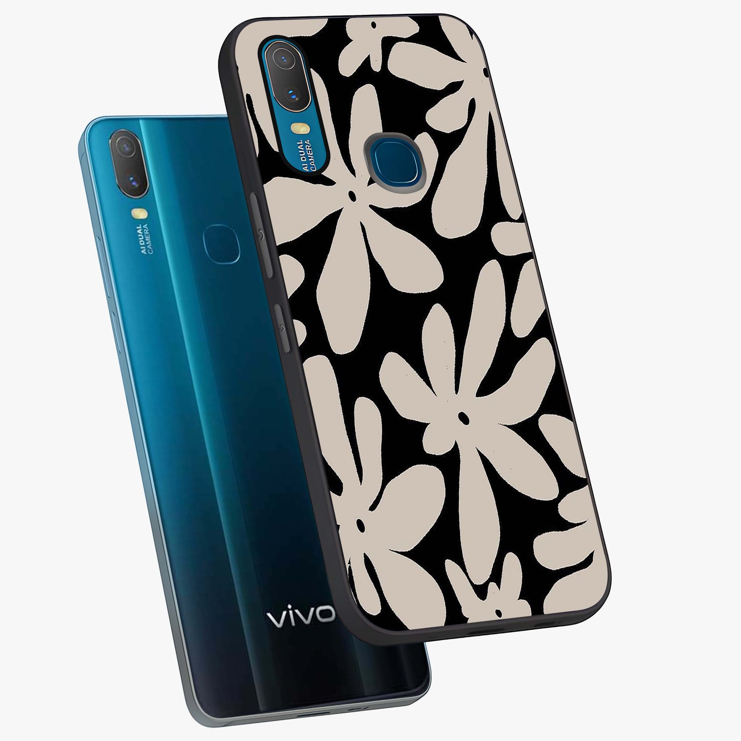 Monochrome Petal Dance Glass Case displayed in angled mockup highlighting elegant petal design with black and white aesthetic.
