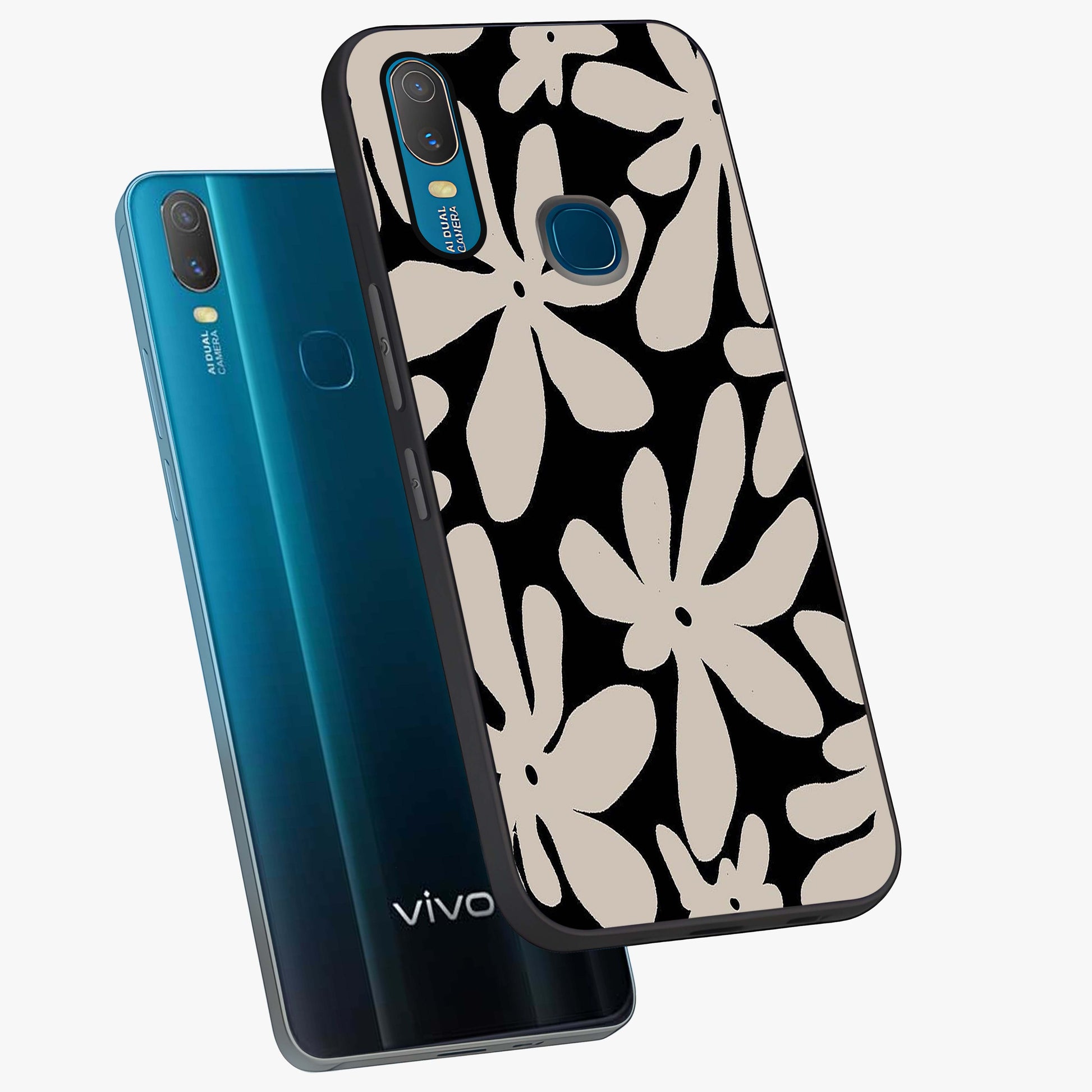 Monochrome Petal Dance Glass Case displayed in angled mockup highlighting elegant petal design with black and white aesthetic.