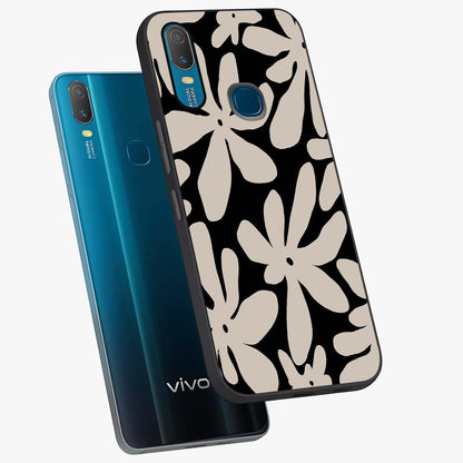 Monochrome Petal Dance Glass Case displayed in angled mockup highlighting elegant petal design with black and white aesthetic.