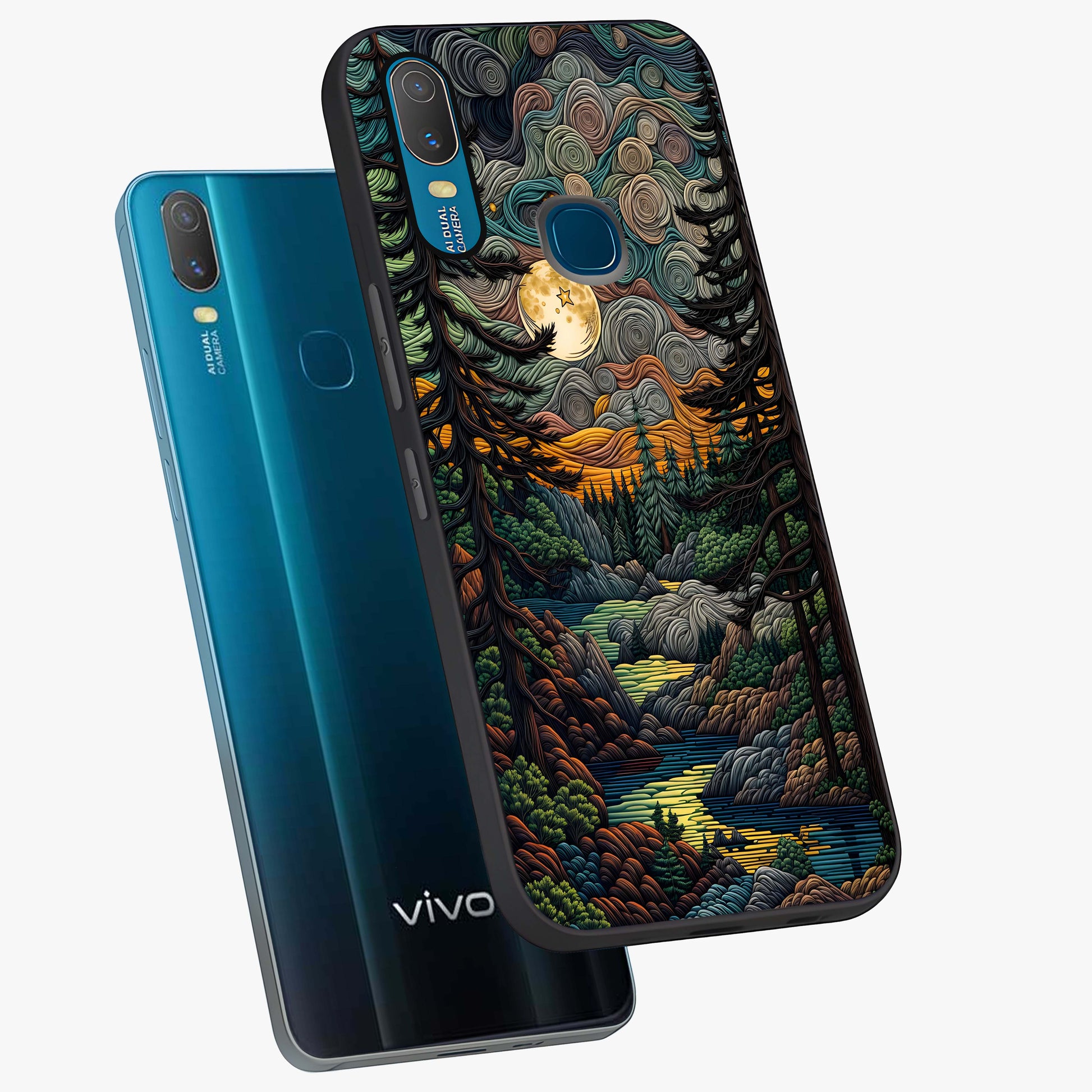 Moonlight Forest Dream Glass Case displayed in angled mockup highlighting dreamy forest design with glowing moon aesthetic.