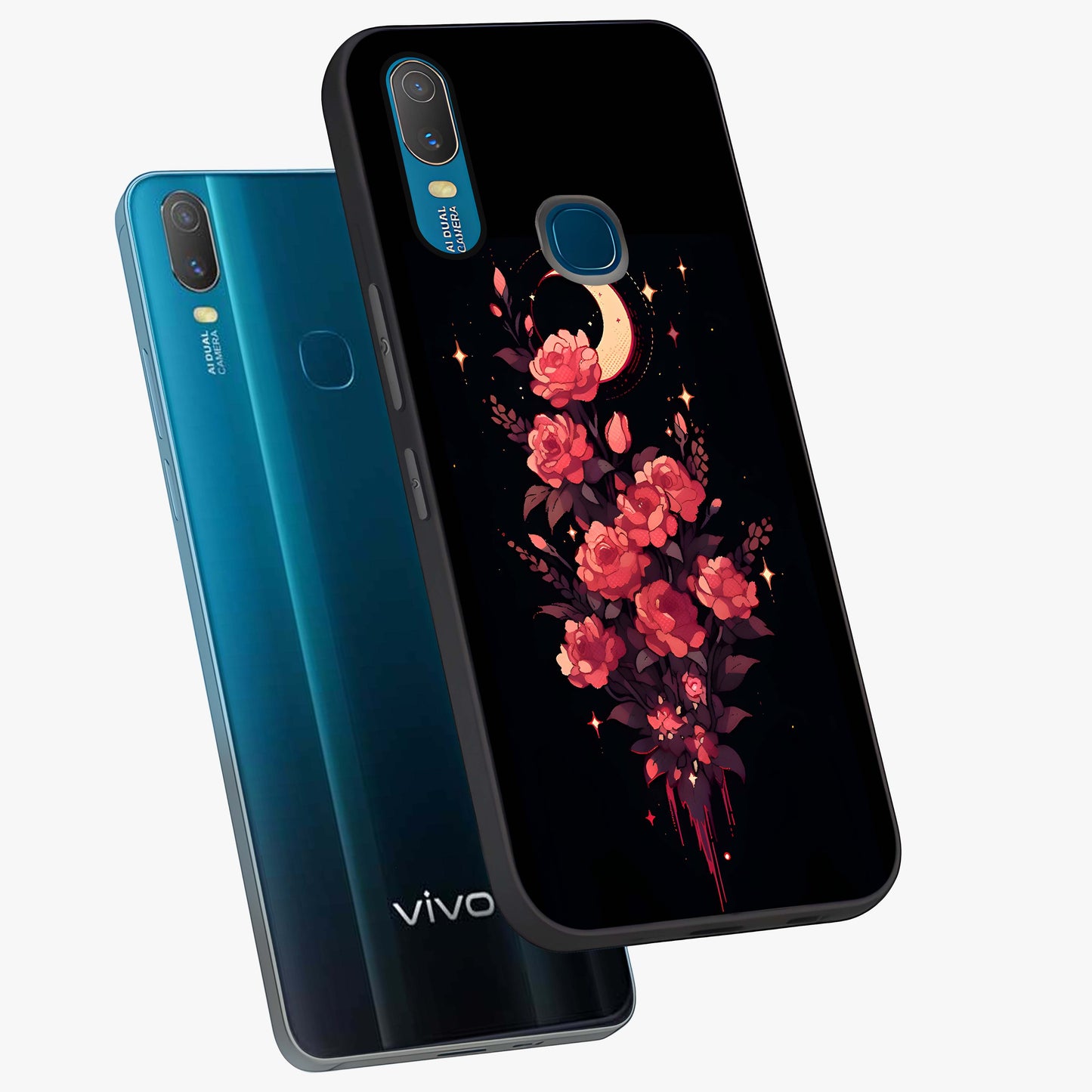 Moonlit Floral Elegance Glass Case displayed in angled mockup highlighting graceful flower design with soft moonlight aesthetic.
