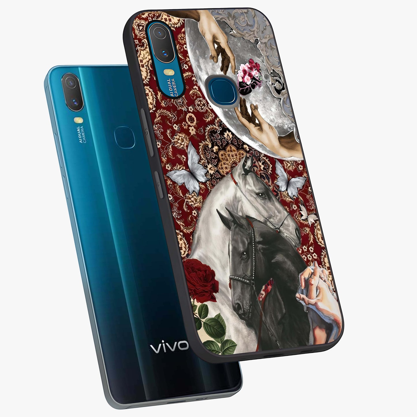 Moonlit Royal Stallion Glass Case displayed in angled mockup highlighting powerful stallion illustration with royal night aesthetic.