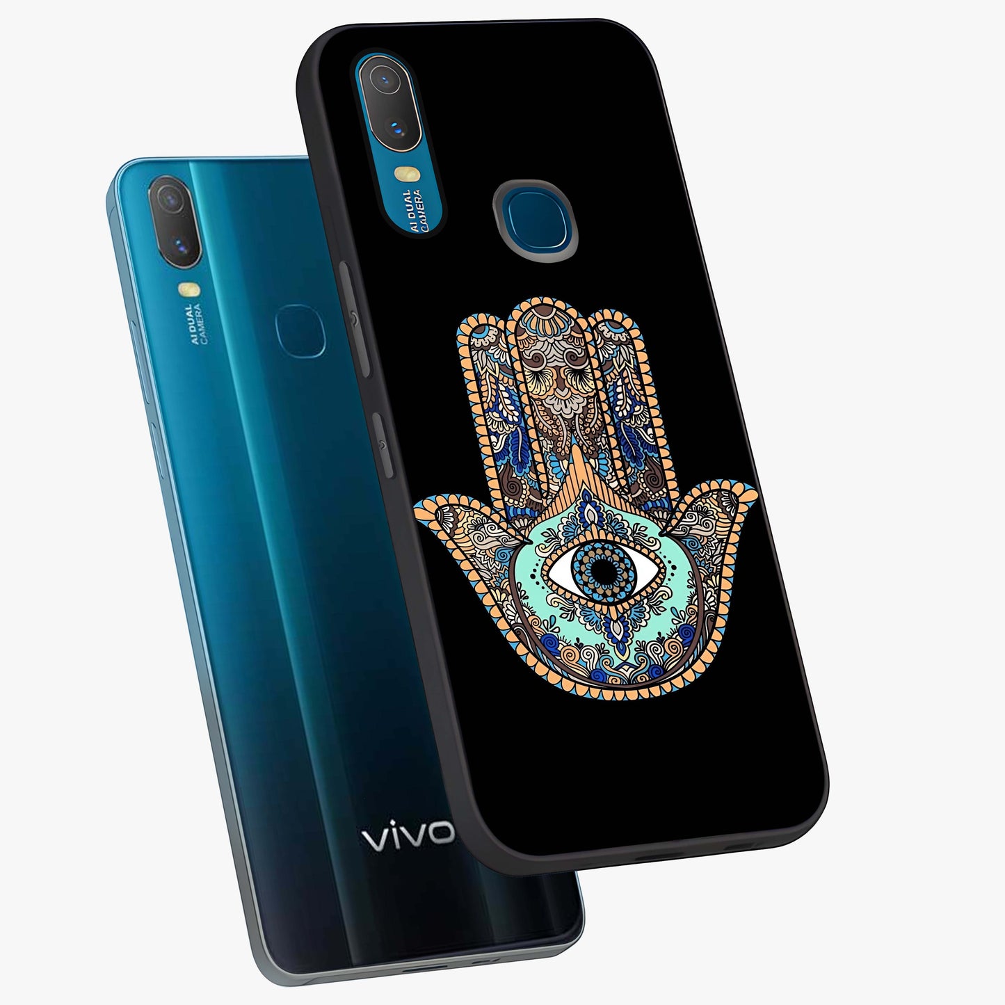 Mystic Hamsa Eye Glass Case displayed in angled mockup highlighting spiritual hamsa symbol with mystical aesthetic style.