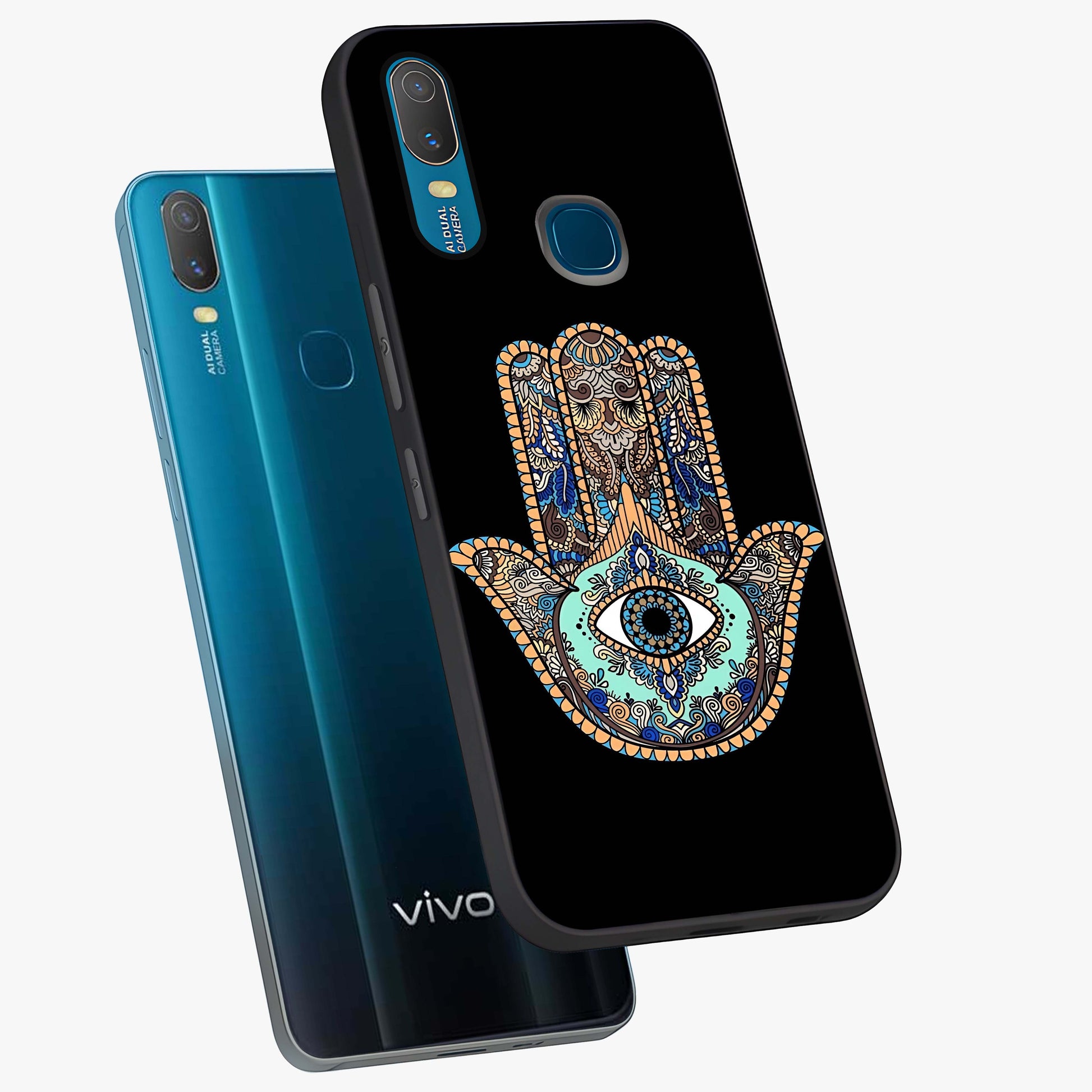 Mystic Hamsa Eye Glass Case displayed in angled mockup highlighting spiritual hamsa symbol with mystical aesthetic style.