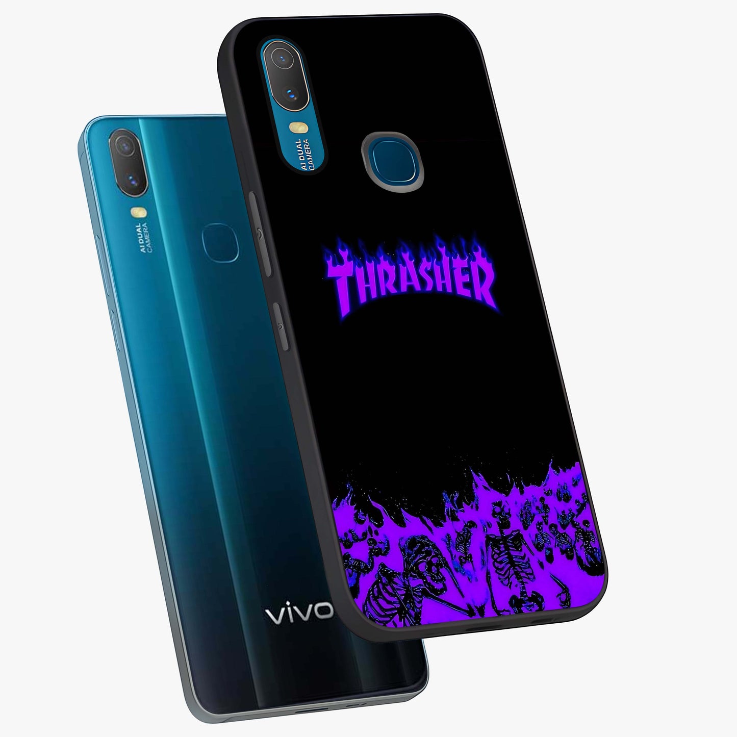 Neon Flame Riot Glass Case displayed in angled mockup highlighting glowing flame design with vibrant neon aesthetic.
