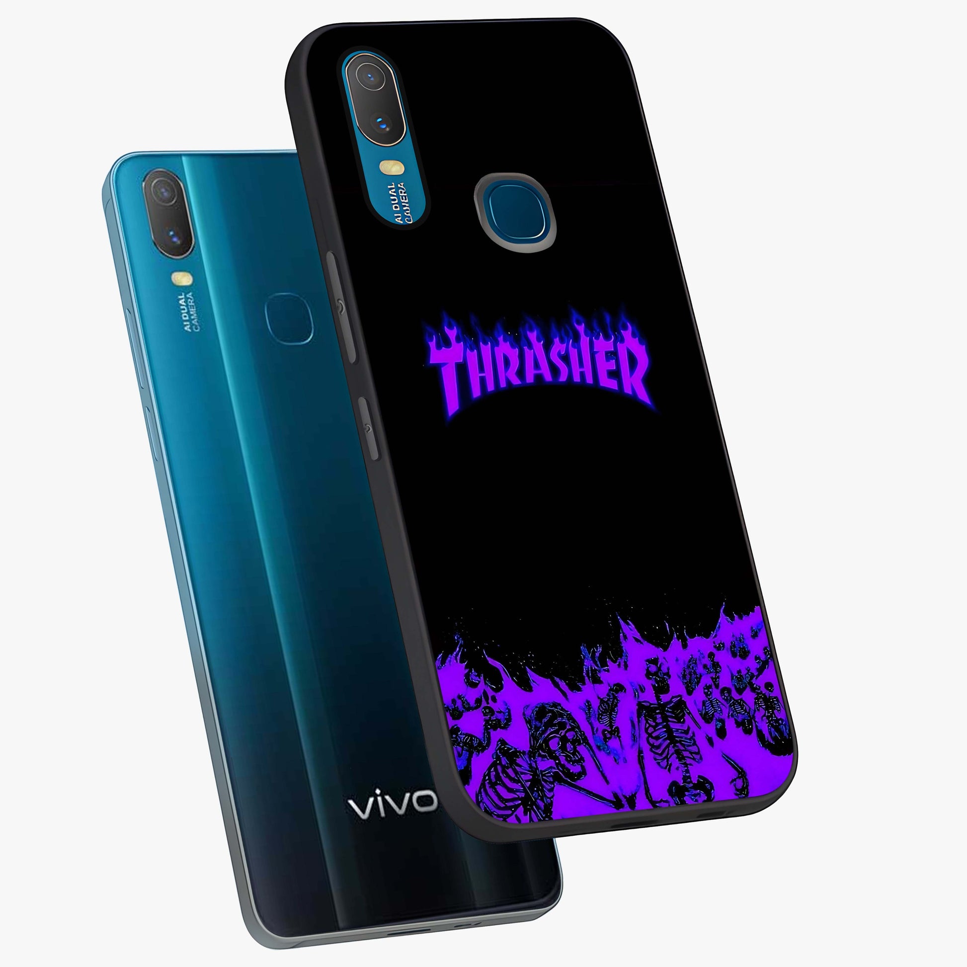 Neon Flame Riot Glass Case displayed in angled mockup highlighting glowing flame design with vibrant neon aesthetic.