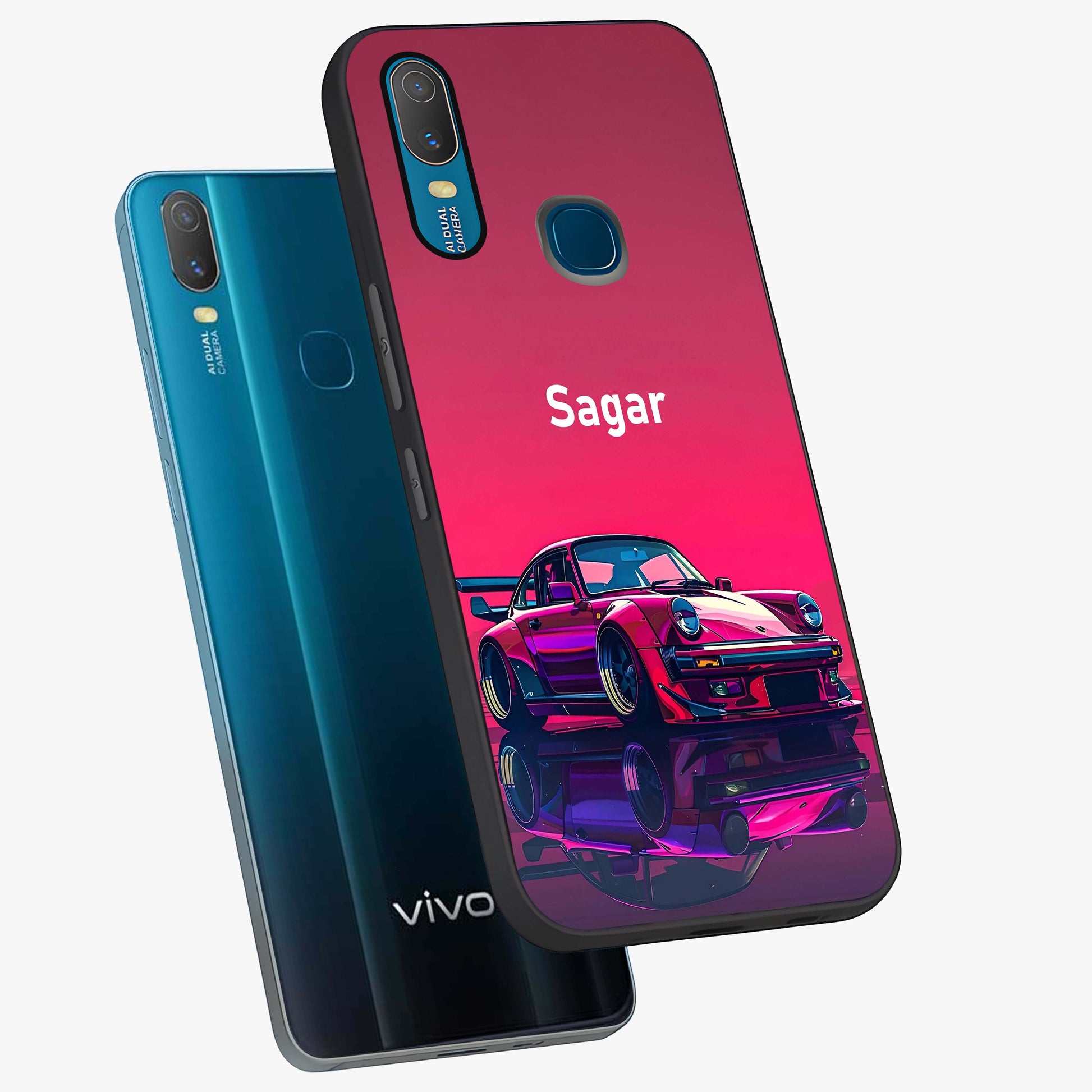 Neon Pink Porsche Glass Case displayed in angled mockup highlighting sleek neon pink car design with racing aesthetic.