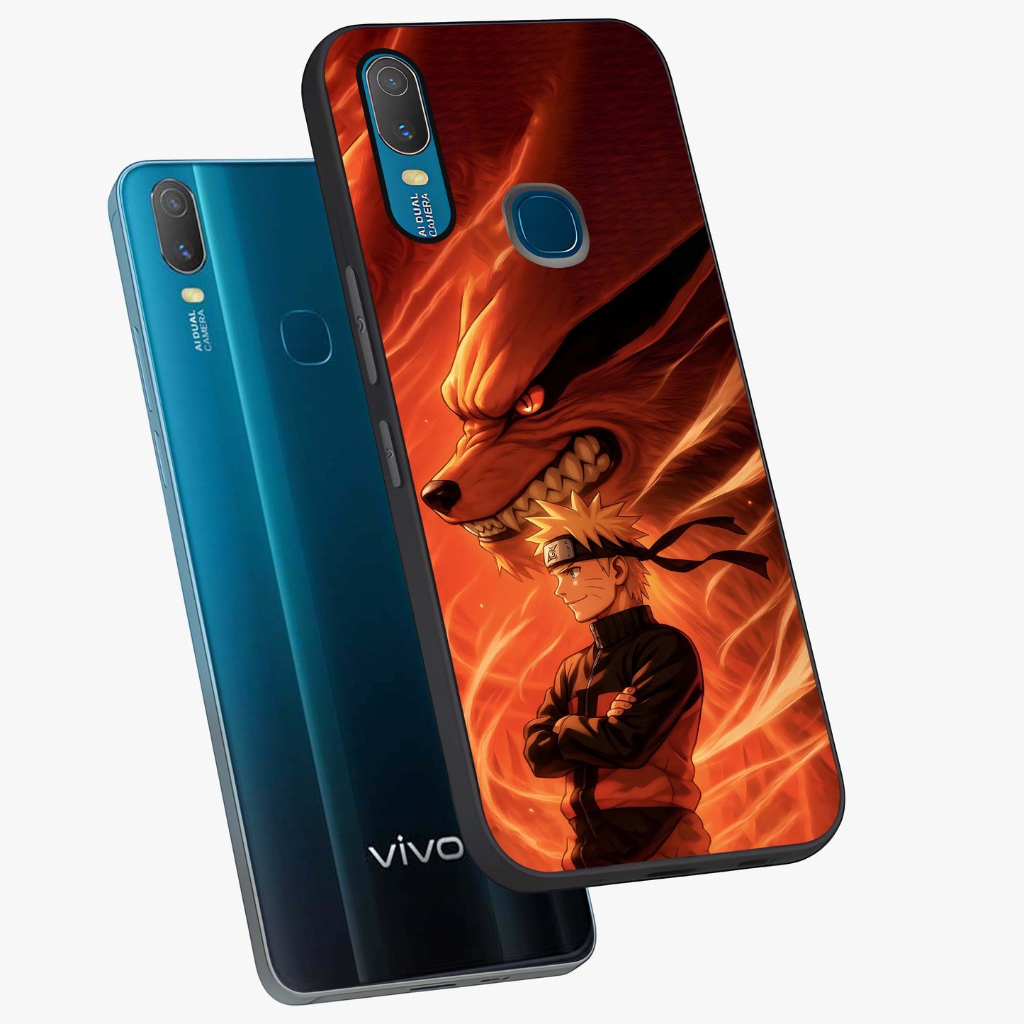 Nine Tails Legacy Glass Case displayed in angled mockup highlighting dynamic anime beast illustration with bold mystical aesthetic.