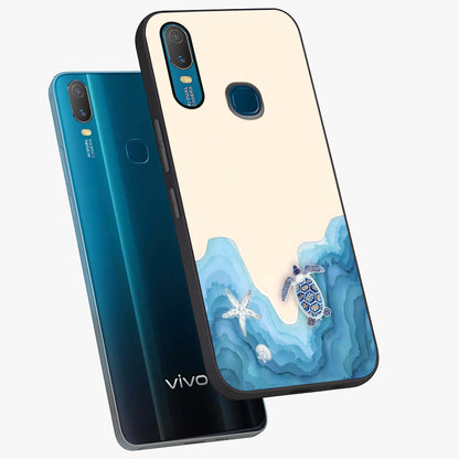 Ocean Drift Turtle Glass Case displayed in angled mockup highlighting peaceful ocean turtle illustration with marine aesthetic.