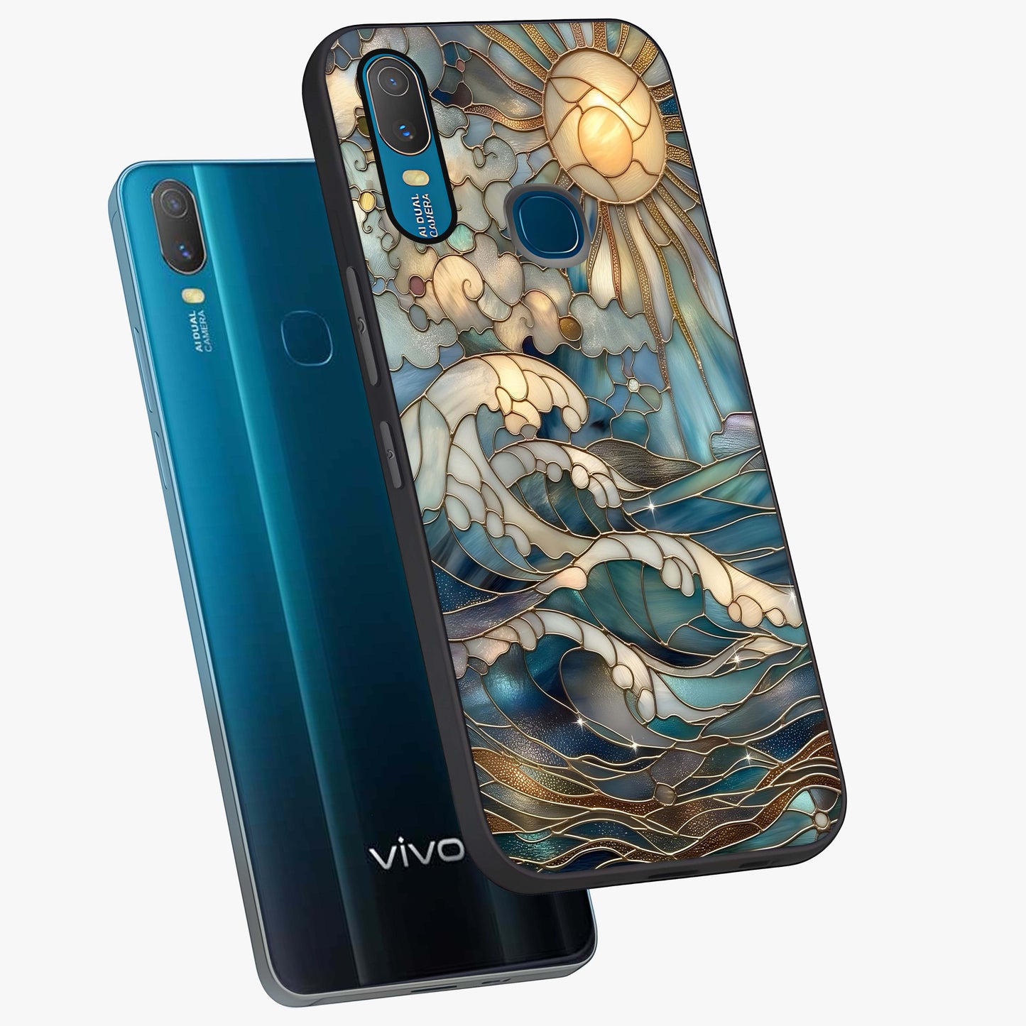 Oceanic Stained Printed Glass Case displayed in angled mockup highlighting colorful aquatic design with artistic aesthetic style.
