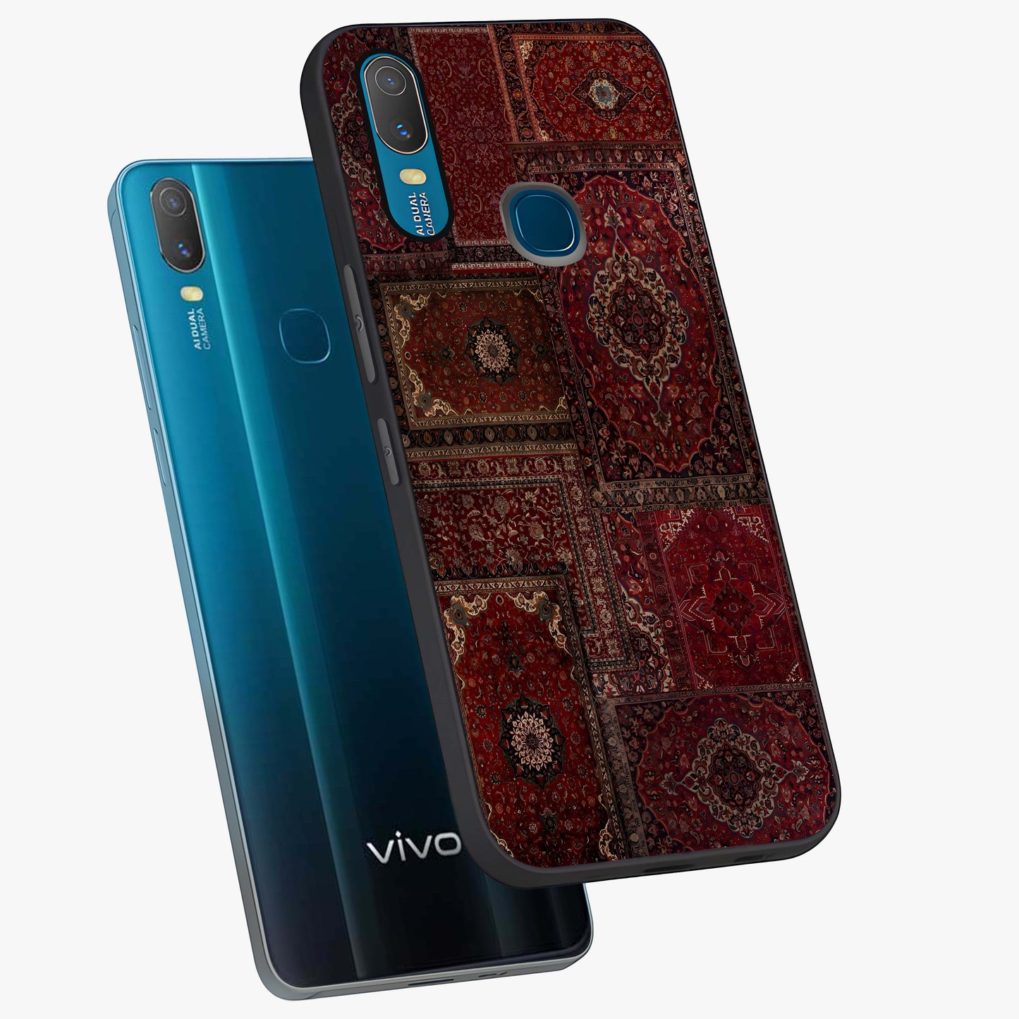 Persian Velvet Tale Glass Case displayed in angled mockup highlighting ornate textile inspired design with royal aesthetic.