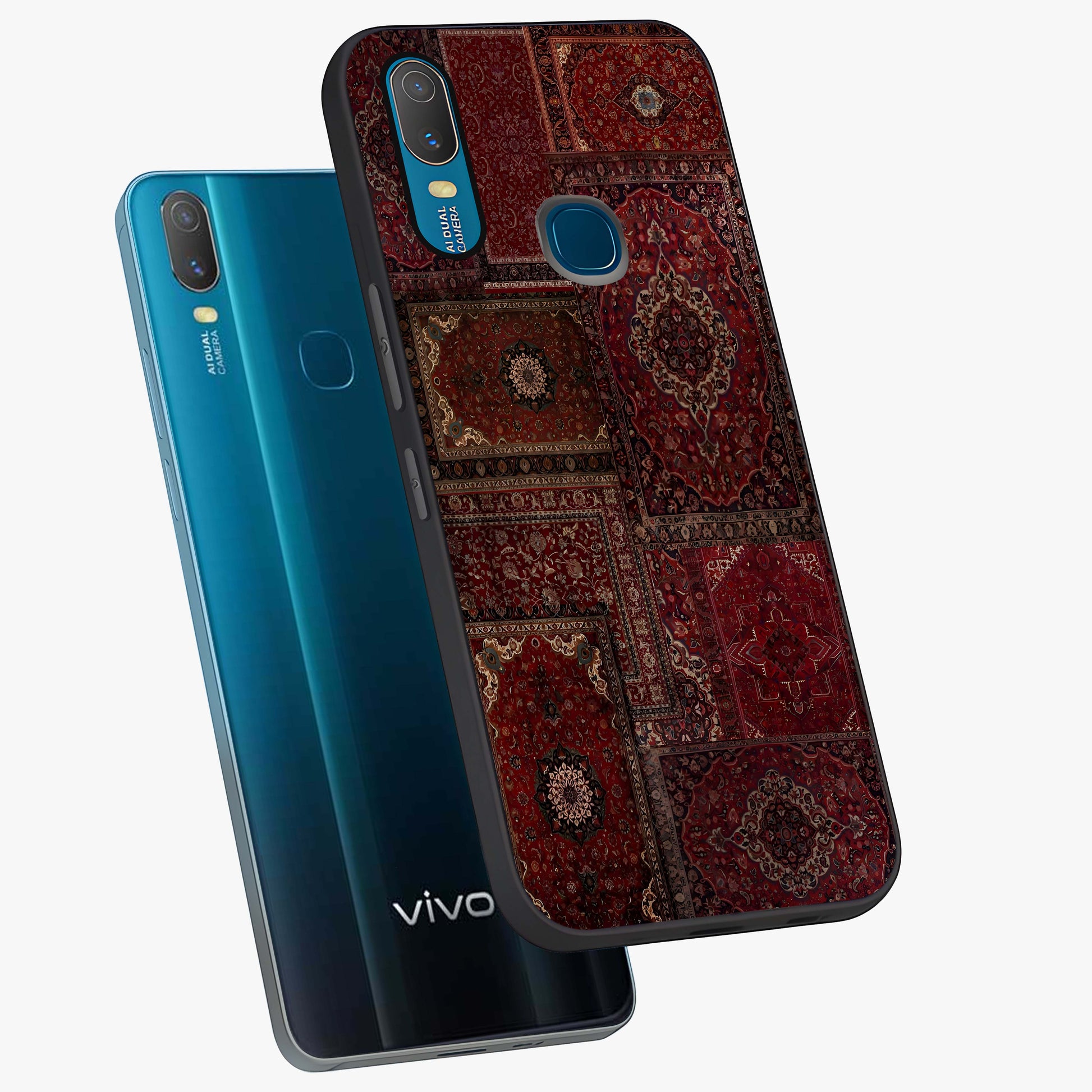 Persian Velvet Tale Glass Case displayed in angled mockup highlighting ornate textile inspired design with royal aesthetic.