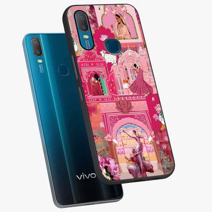 Pink Palace Muse Glass Case displayed in angled mockup highlighting dreamy palace illustration with soft pink aesthetic.