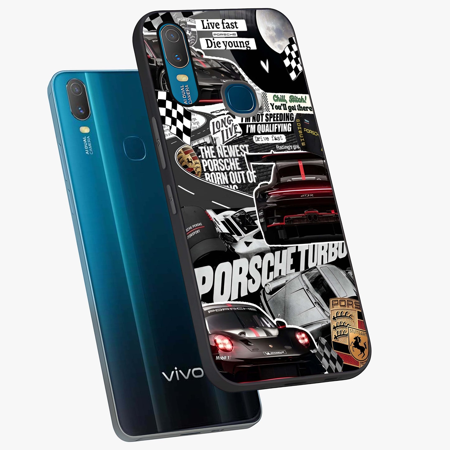 Porsche Racing Collage Glass Case displayed in angled mockup highlighting dynamic automotive design with bold racing aesthetic.